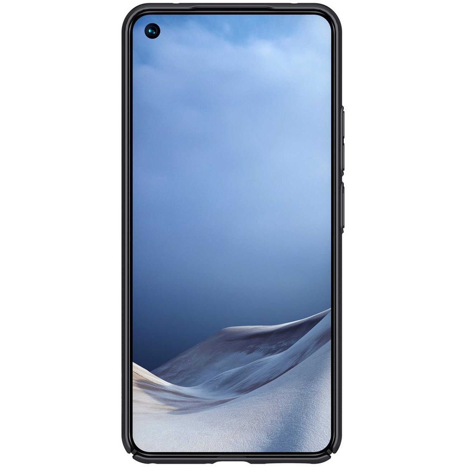 Ein Smartphone mit schwarzem Rahmen und einem Bildschirm, der einen blauen Himmel und eine schneebedeckte Landschaft zeigt.