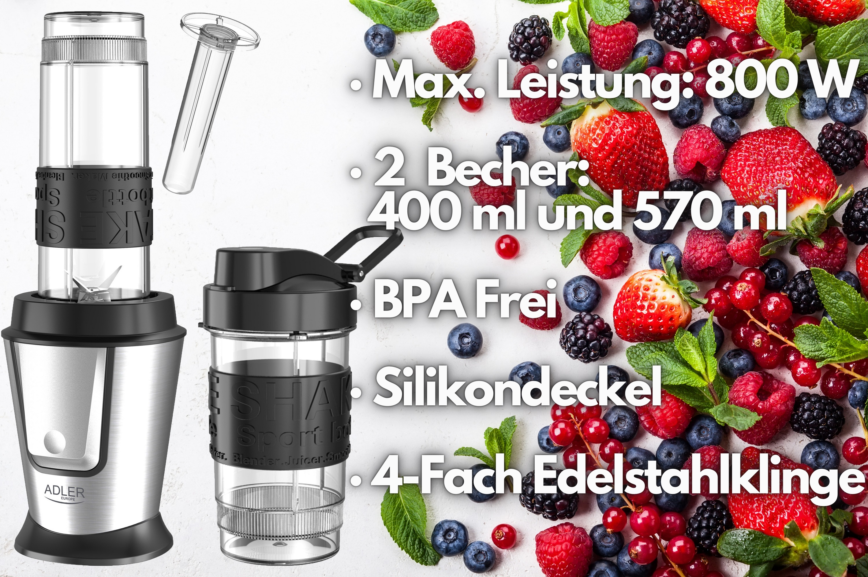 Blender z dwiema butelkami i tekstem opisującym moc, pojemność i cechy z jagodami.