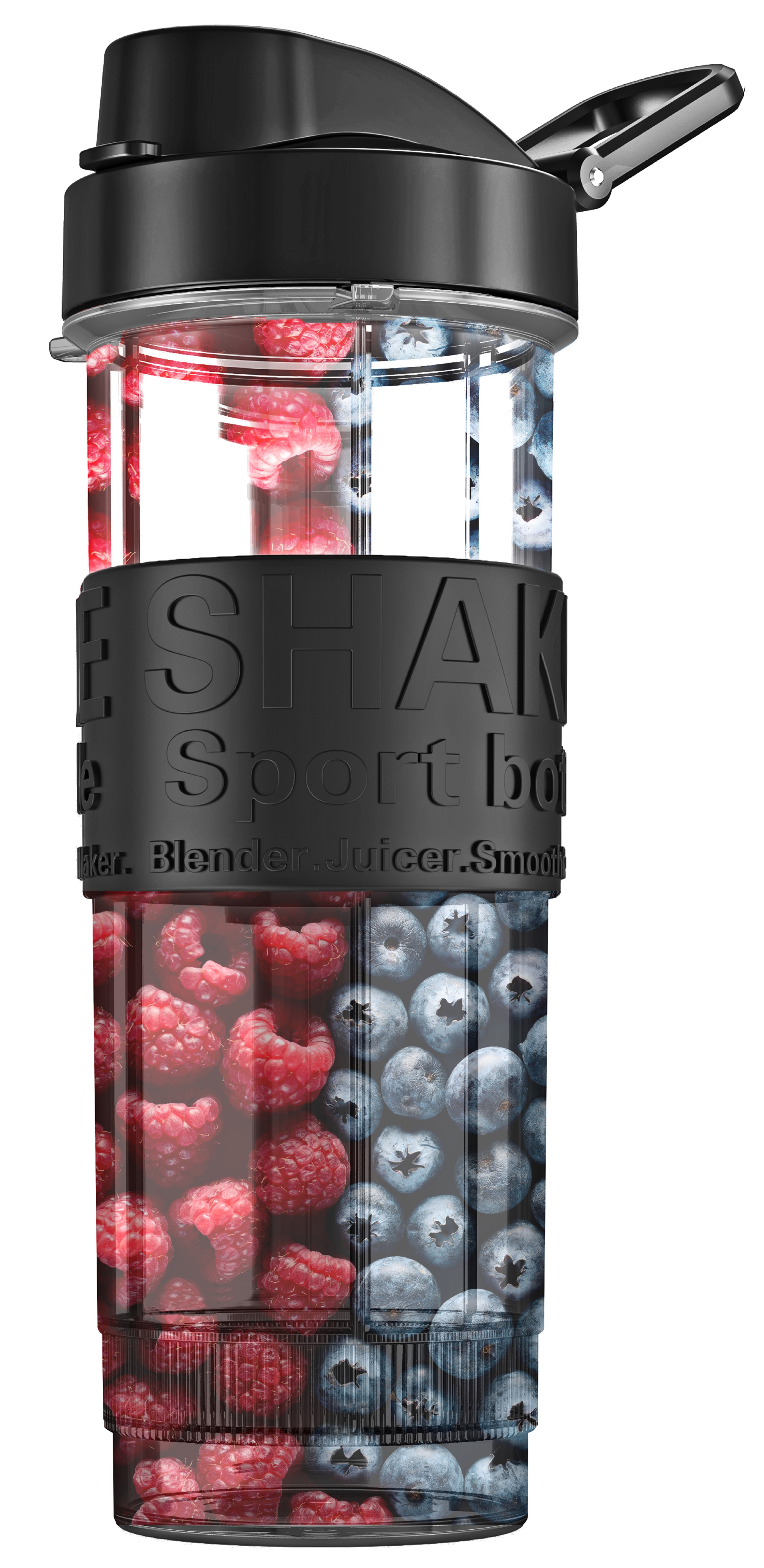 Przezroczysta butelka sportowa z dwoma sekcjami: jedną z malinami, drugą z jagodami i czarnymi akcentami.