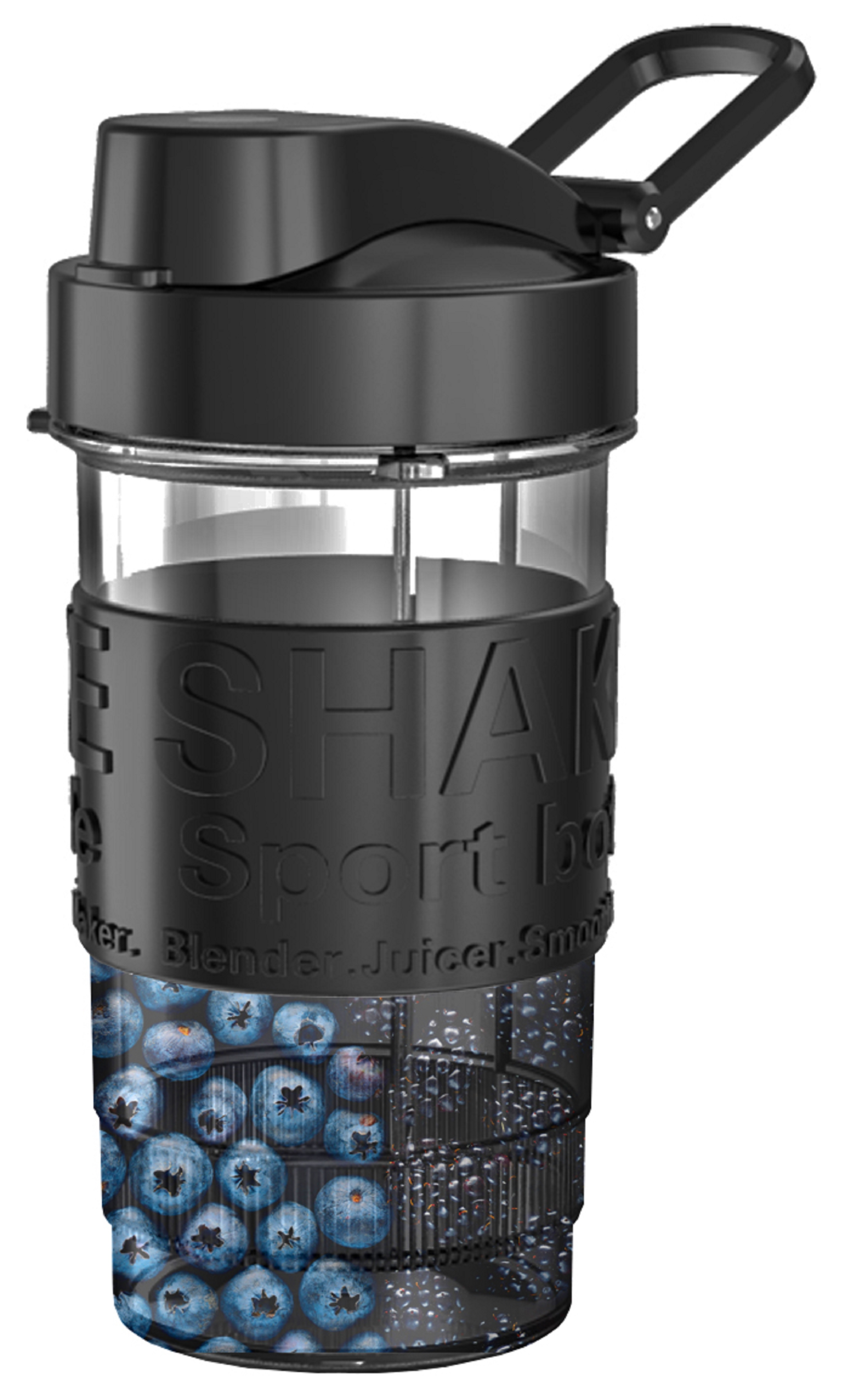 Czarny blender do smoothie z jagodami w środku, na białym tle.