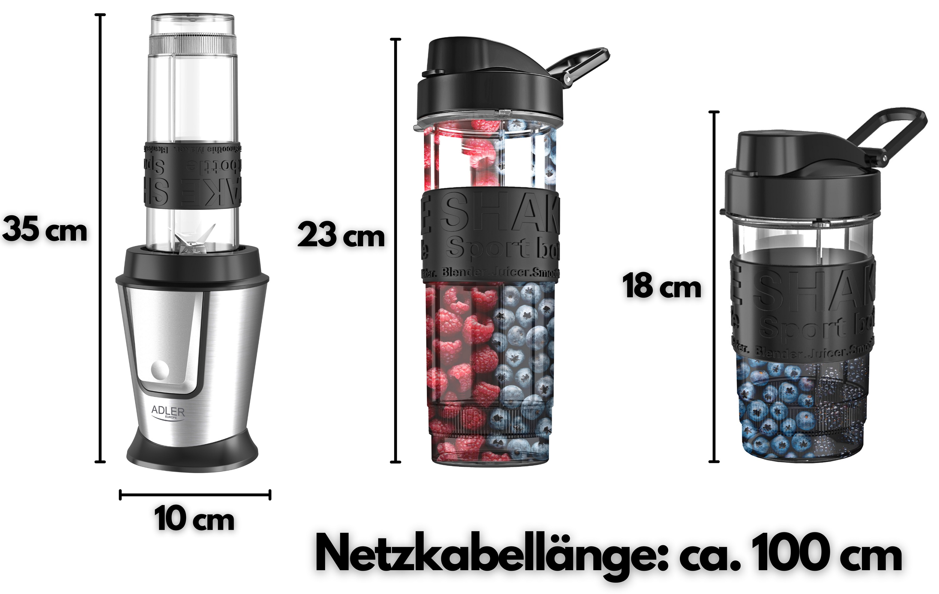 Trzy blendery o różnych rozmiarach. Blender jest srebrny i czarny, przezroczyste dzbanki. Wymiary są zapisane.