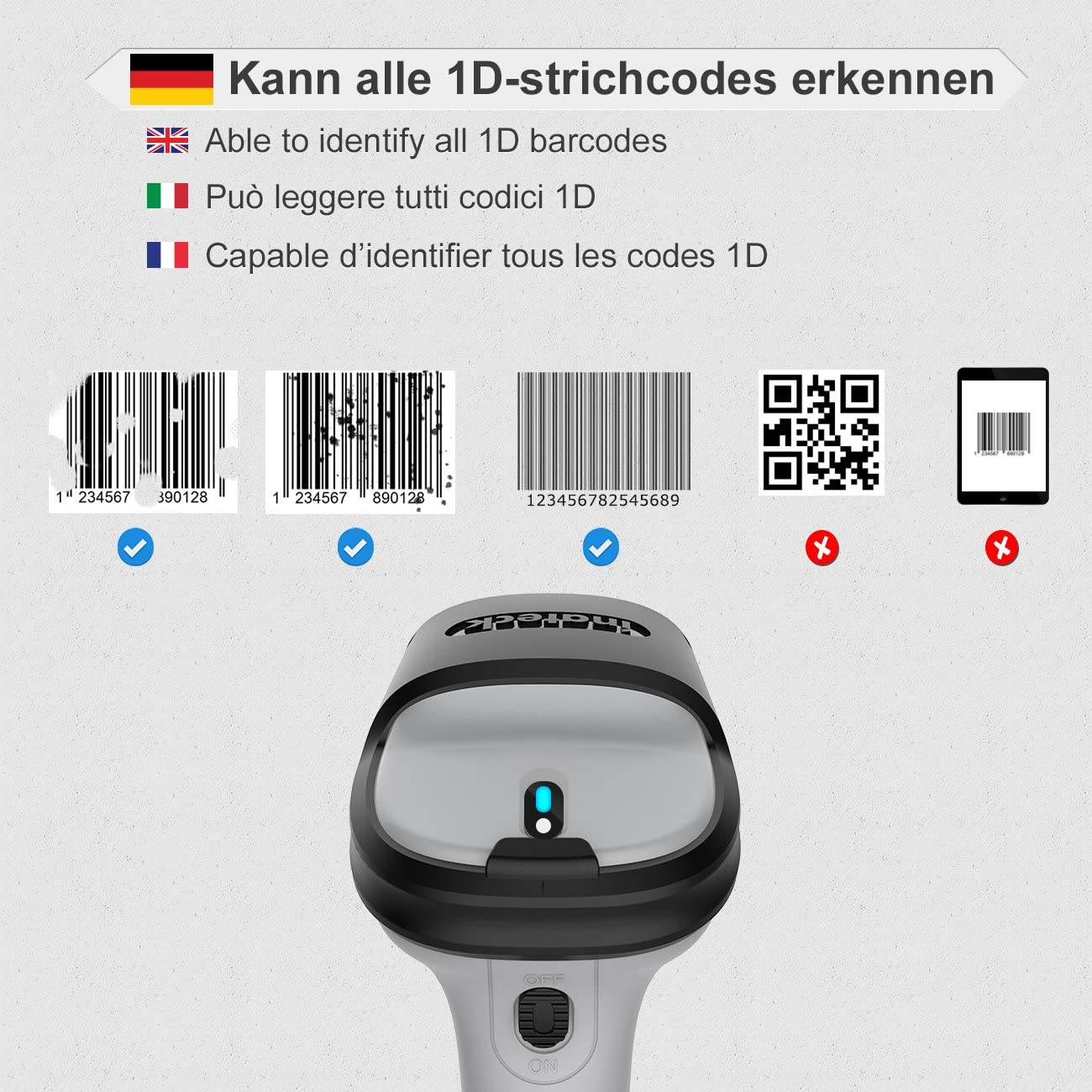 Ein Barcode-Scanner mit Barcodes und einem QR-Code. Text auf Deutsch, Englisch, Italienisch und Französisch.