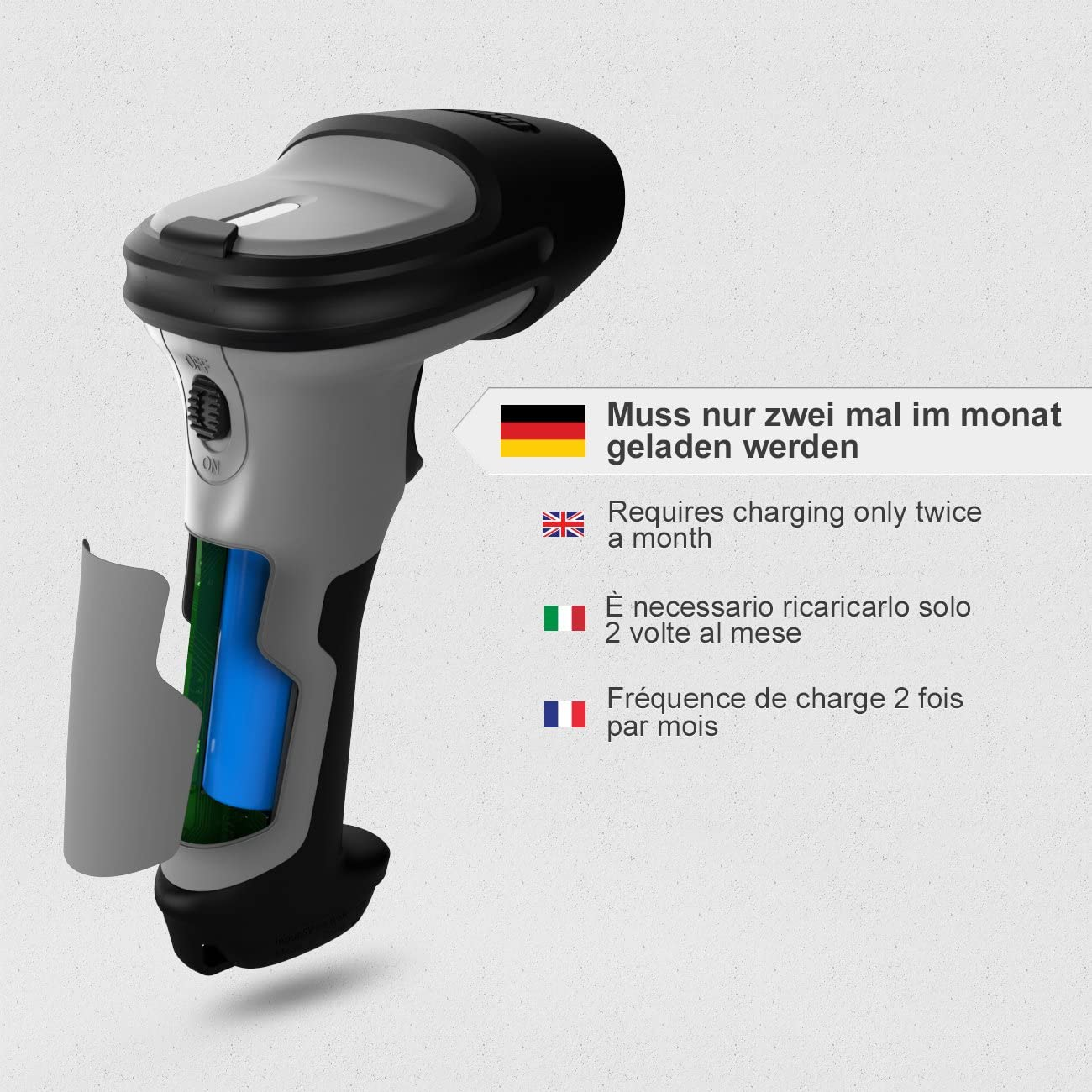 Grauer und schwarzer Barcodescanner, der die Batterie zeigt. Text in mehreren Sprachen.
