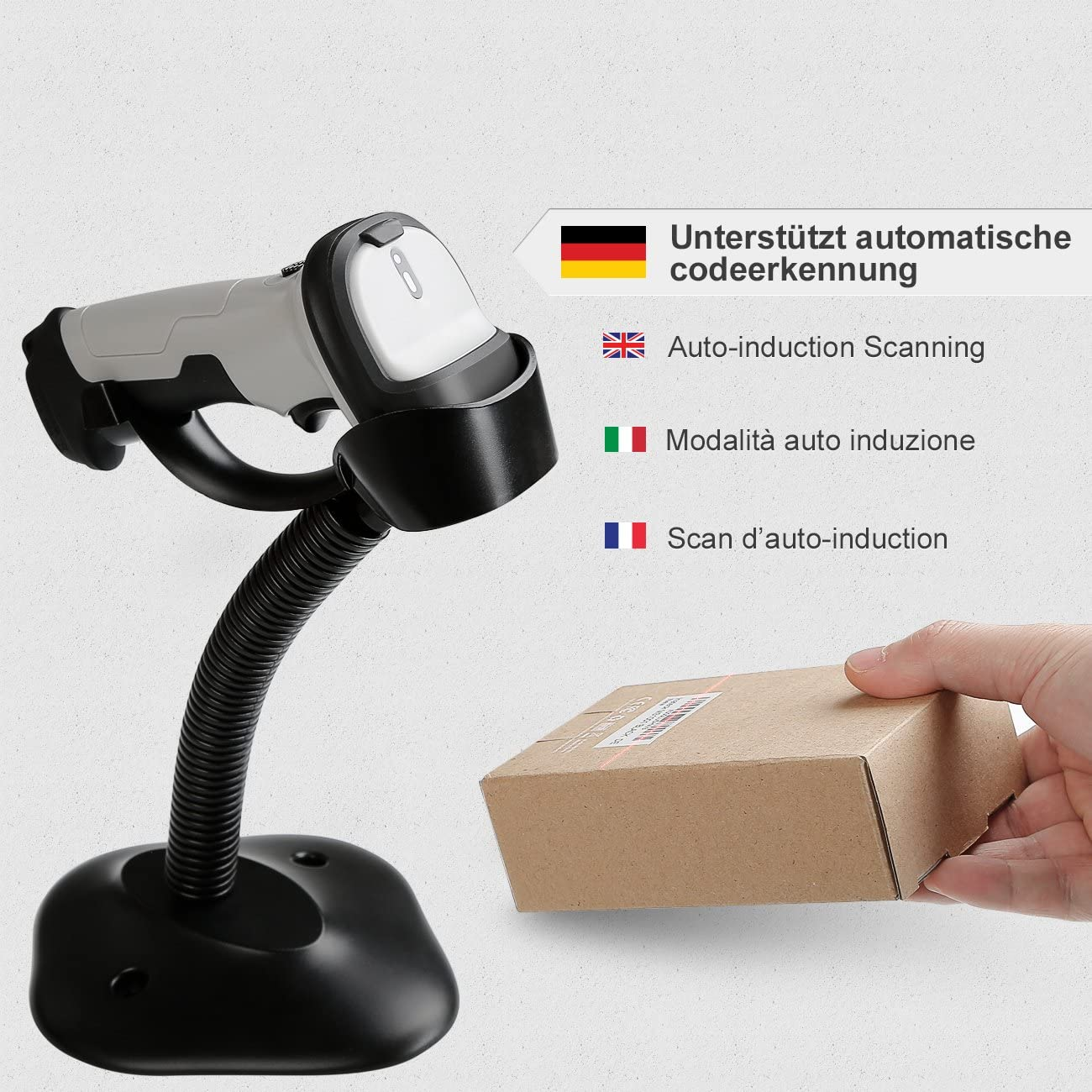 Ein Barcode-Scanner mit einer Box. Text zeigt Auto-Induktions-Scannen an.