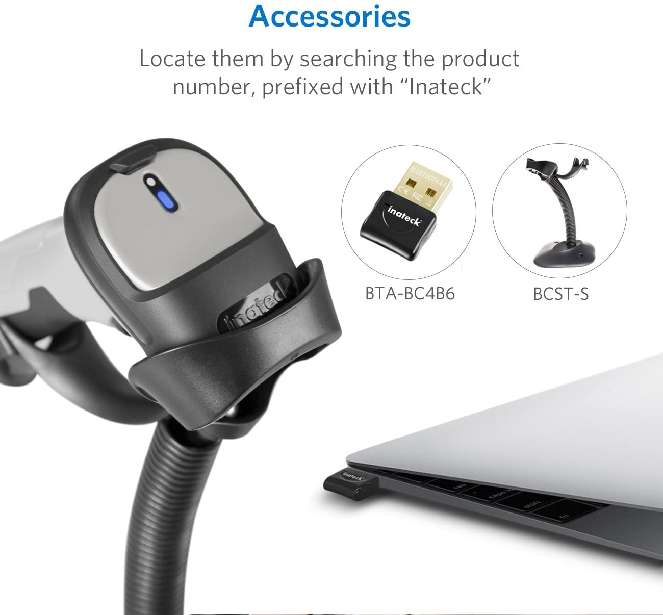 Zubehör: Barcode-Scanner, USB-Empfänger mit 'Inateck'-Logo und ein Laptop.