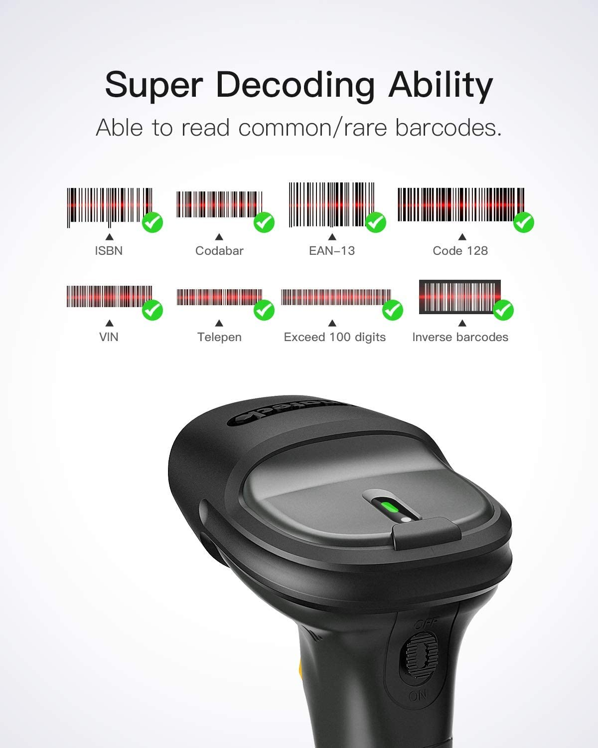 Barcodescanner mit Barcodes. Der Scanner ist schwarz mit grünen Lichtern. Barcodes sind oben abgebildet.