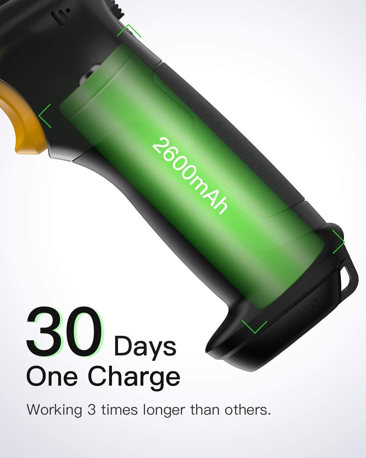 Ein schwarzes Thermometer mit einer grünen Batterie im Inneren. Der Text lautet „30 Tage eine Ladung“.
