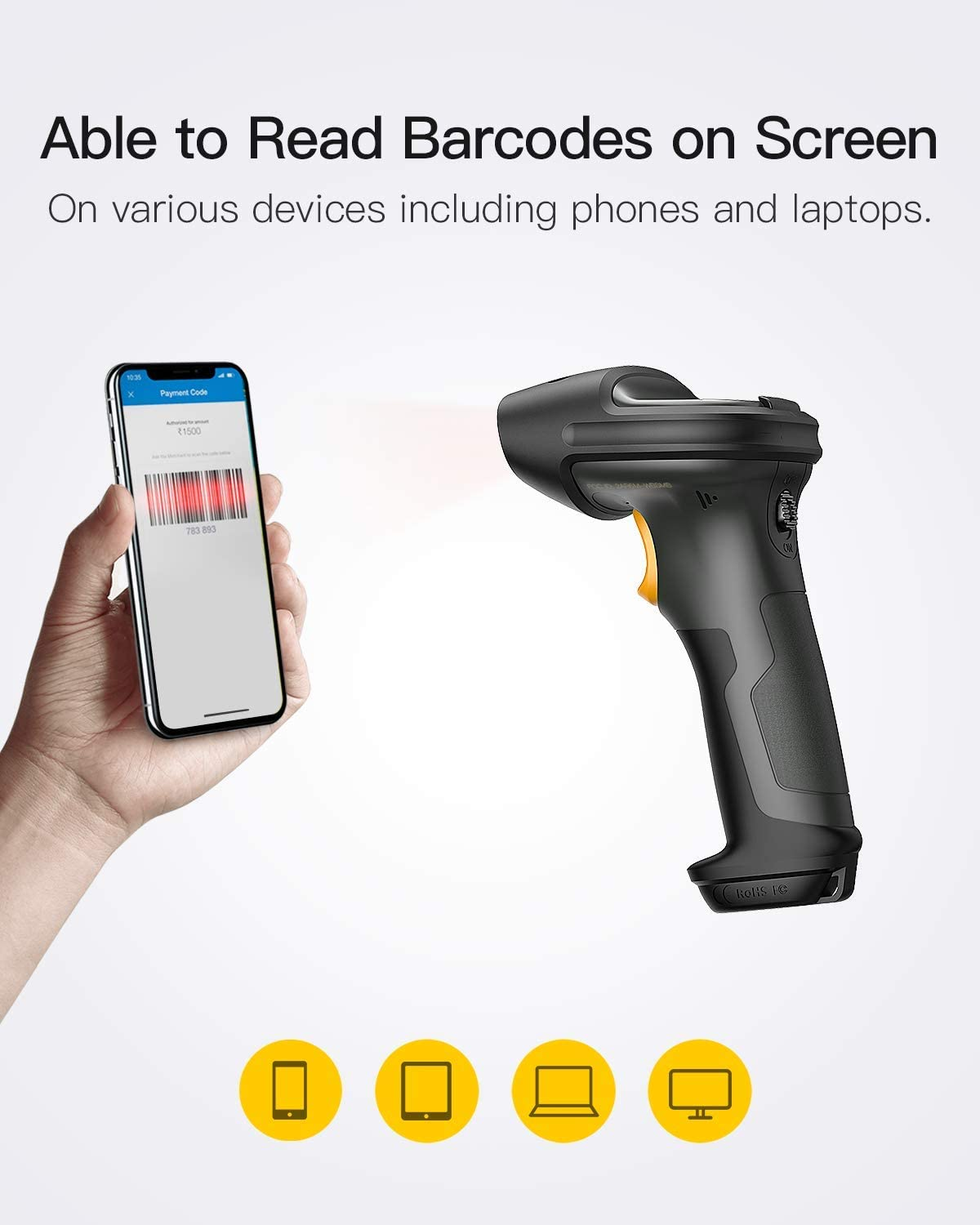 Ein Barcodescanner im Einsatz, scannt einen Barcode auf einem Telefonbildschirm. Zeigt Scanner und Telefon.