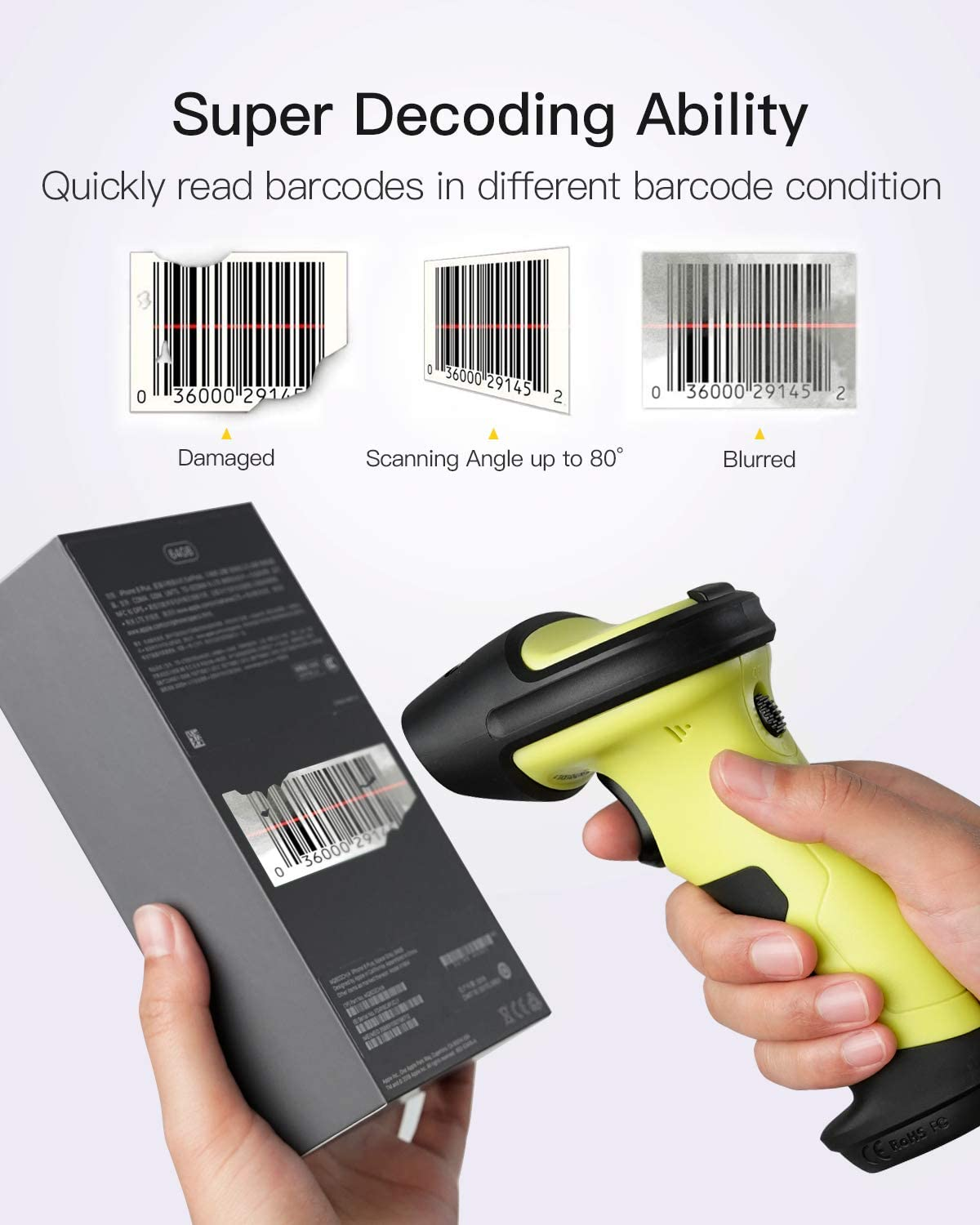 Hand hält einen gelben Barcode-Scanner, der Barcodes unterschiedlicher Qualität scannt.