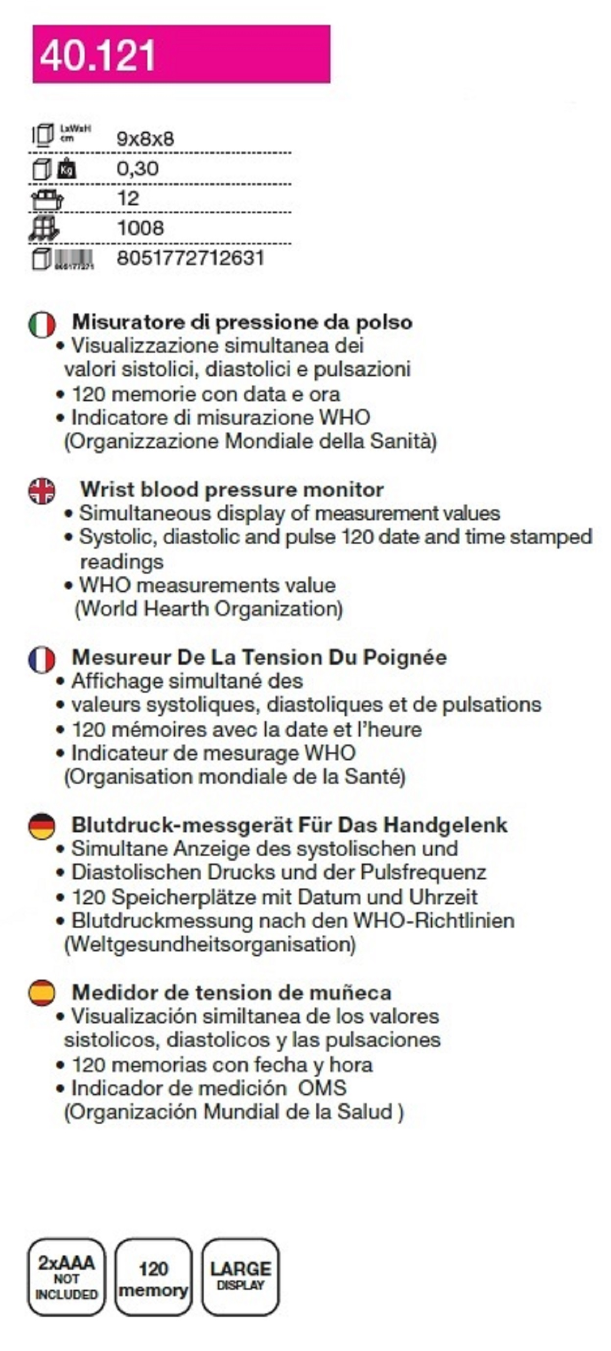 Textbeschreibung eines Handgelenk-Blutdruckmessgeräts, in mehreren Sprachen.