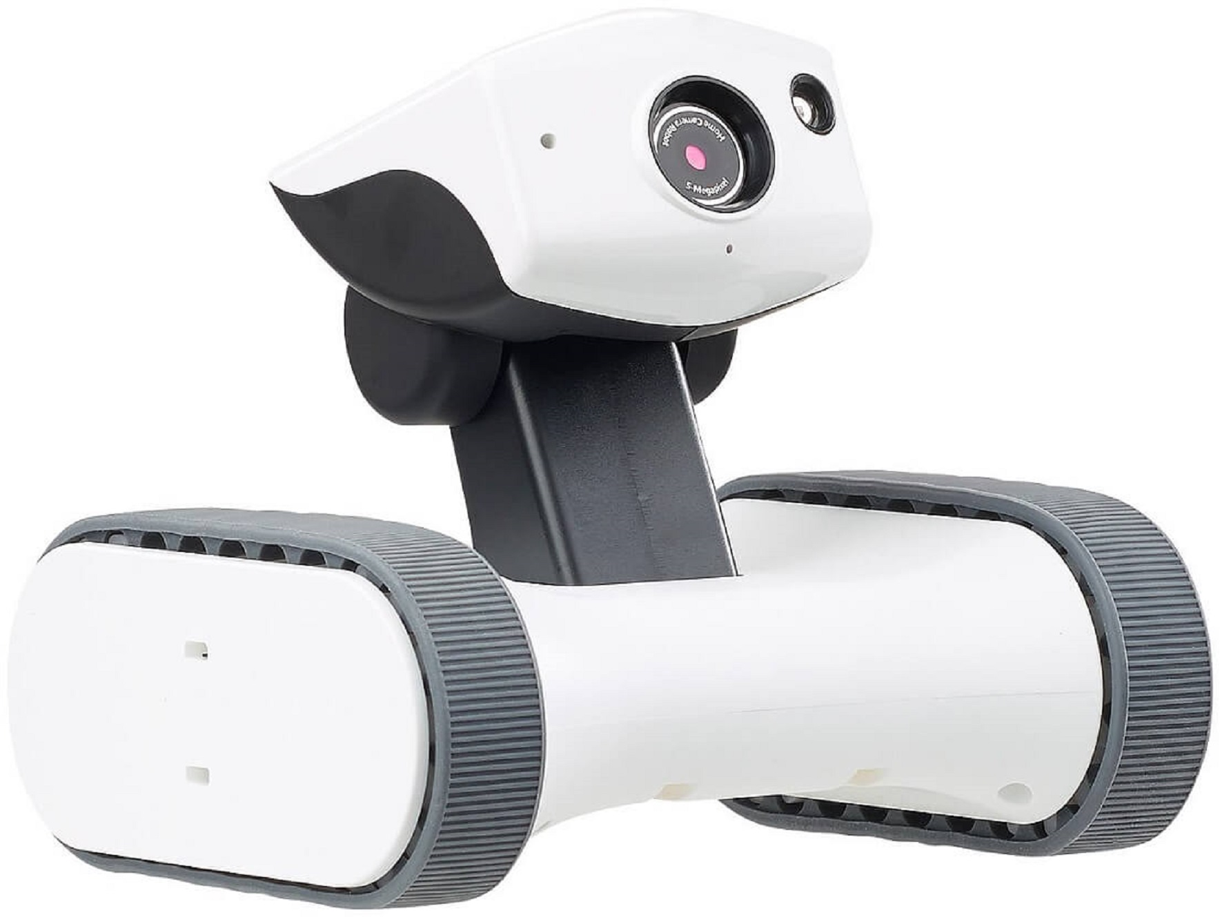 Ein weißer Roboter mit Kamera, auf Raupen. Er hat einen schwarzen Hals. Weißer Hintergrund.