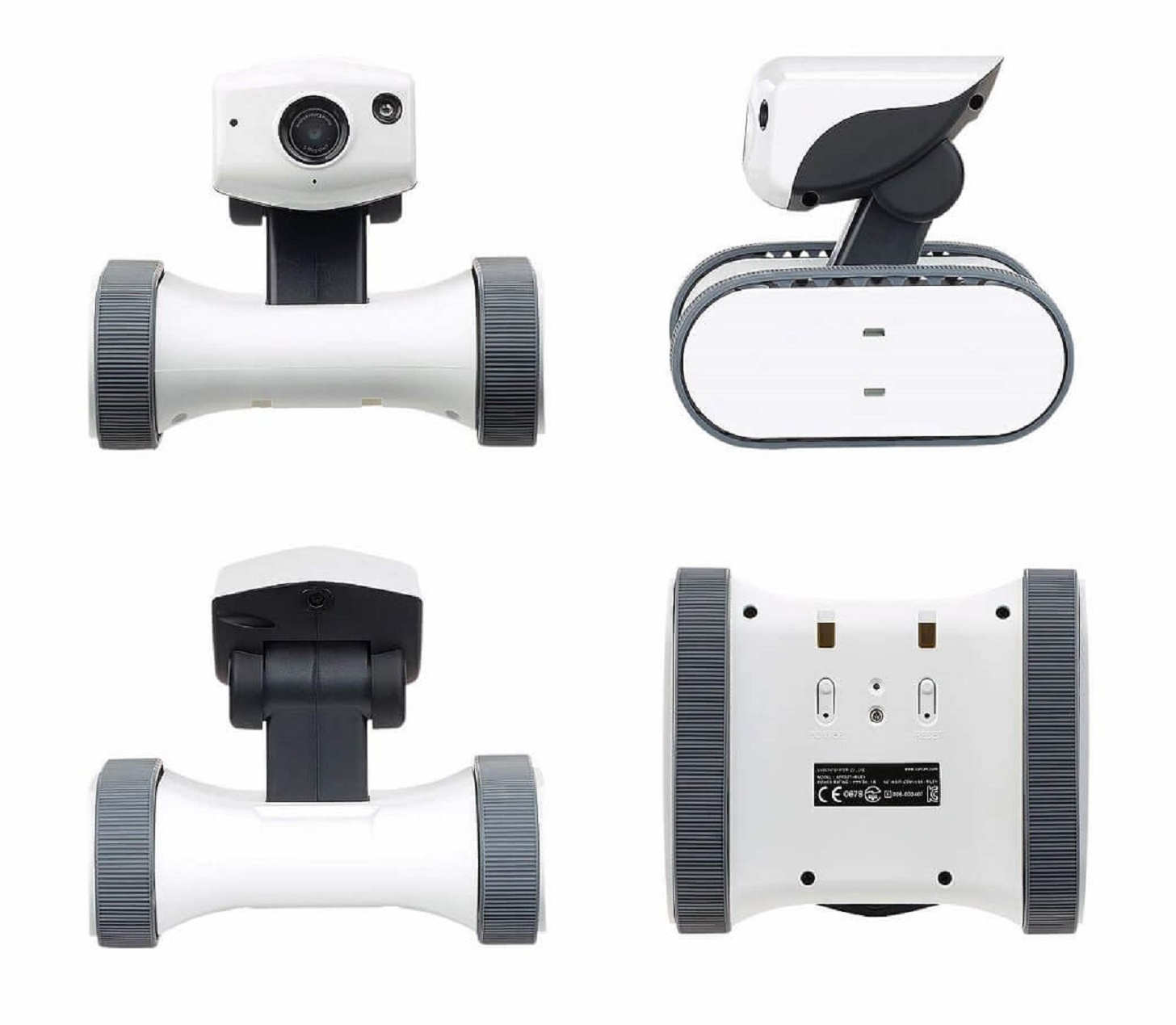 Roboter mit Kamera, zwei Rädern, weißem Körper und grauen Akzenten. Mehrere Ansichten, weißer Hintergrund.