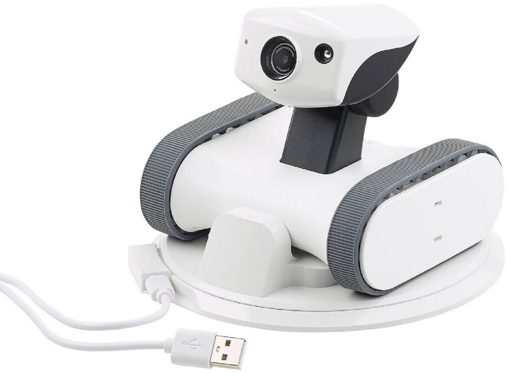 Ein weißer Roboter mit Kamera oben und Ketten. Ein USB-Kabel ist angeschlossen.