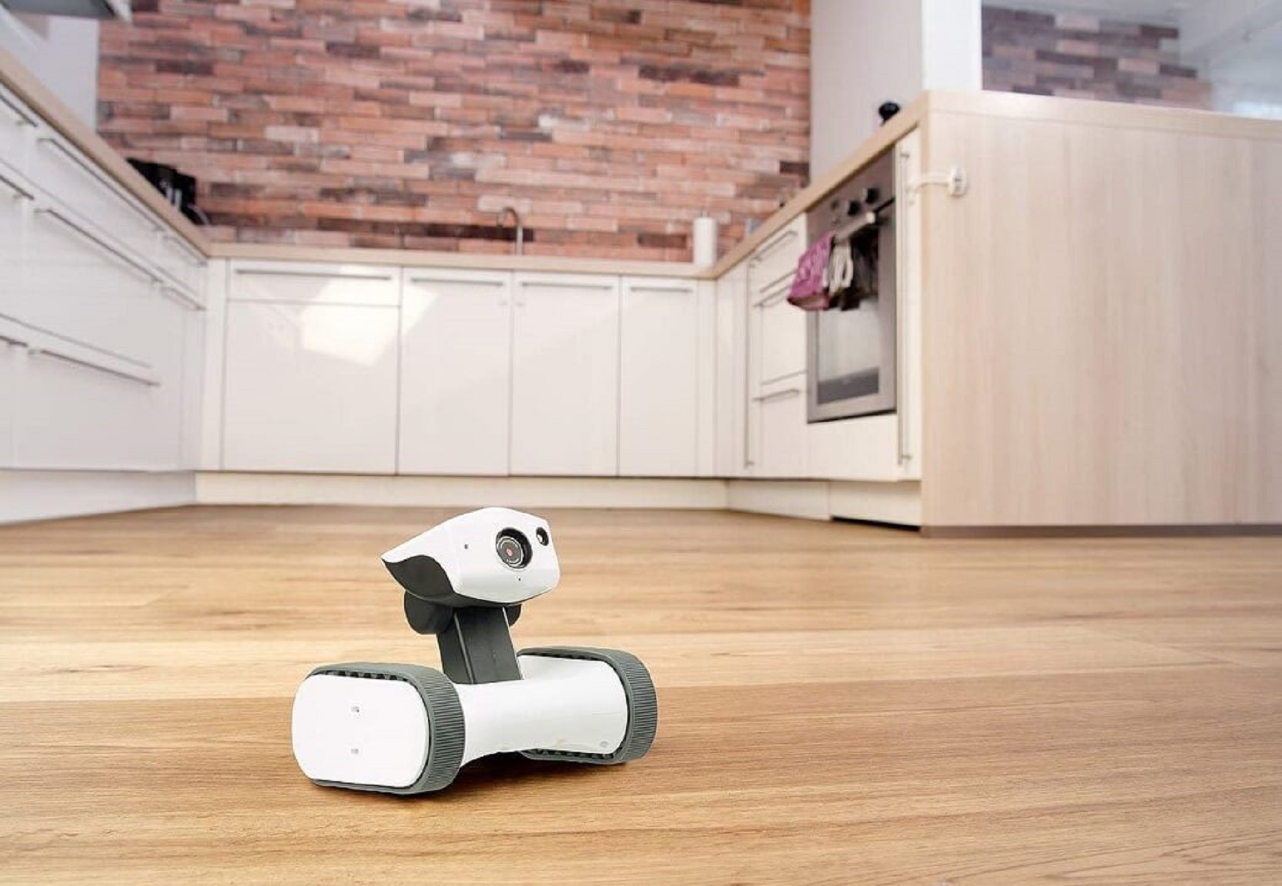 Ein weiß-grauer Roboter auf Rädern steht auf einem Holzboden in einer Küchenumgebung.