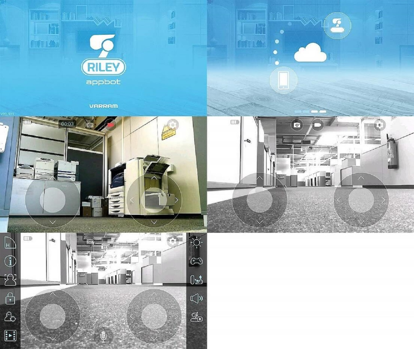 Screenshots der Riley Appbot App-Oberfläche. Zeigt Raumansichten und Steuerungsoptionen mit Roboter-Thema.