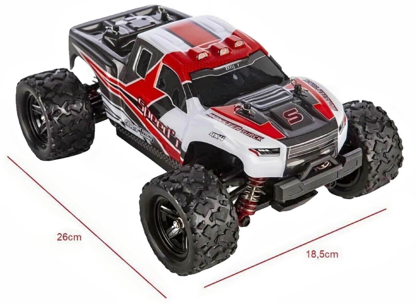 Rotes und weißes ferngesteuertes Auto mit schwarzen Rädern und roten Akzenten.