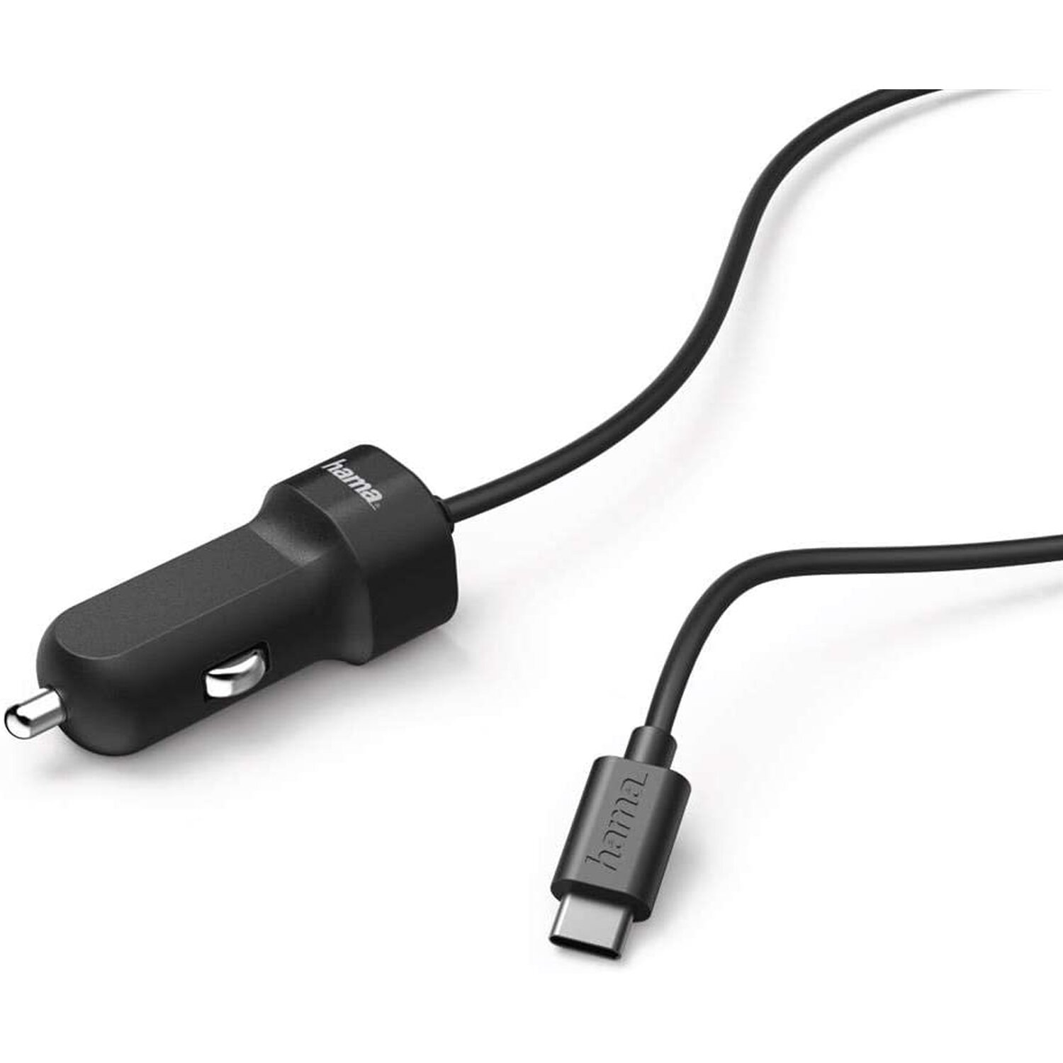 Ein schwarzes Autoladegerät mit einem USB-C-Kabel. Das Ladegerät und das Kabel liegen auf einer weißen Oberfläche.