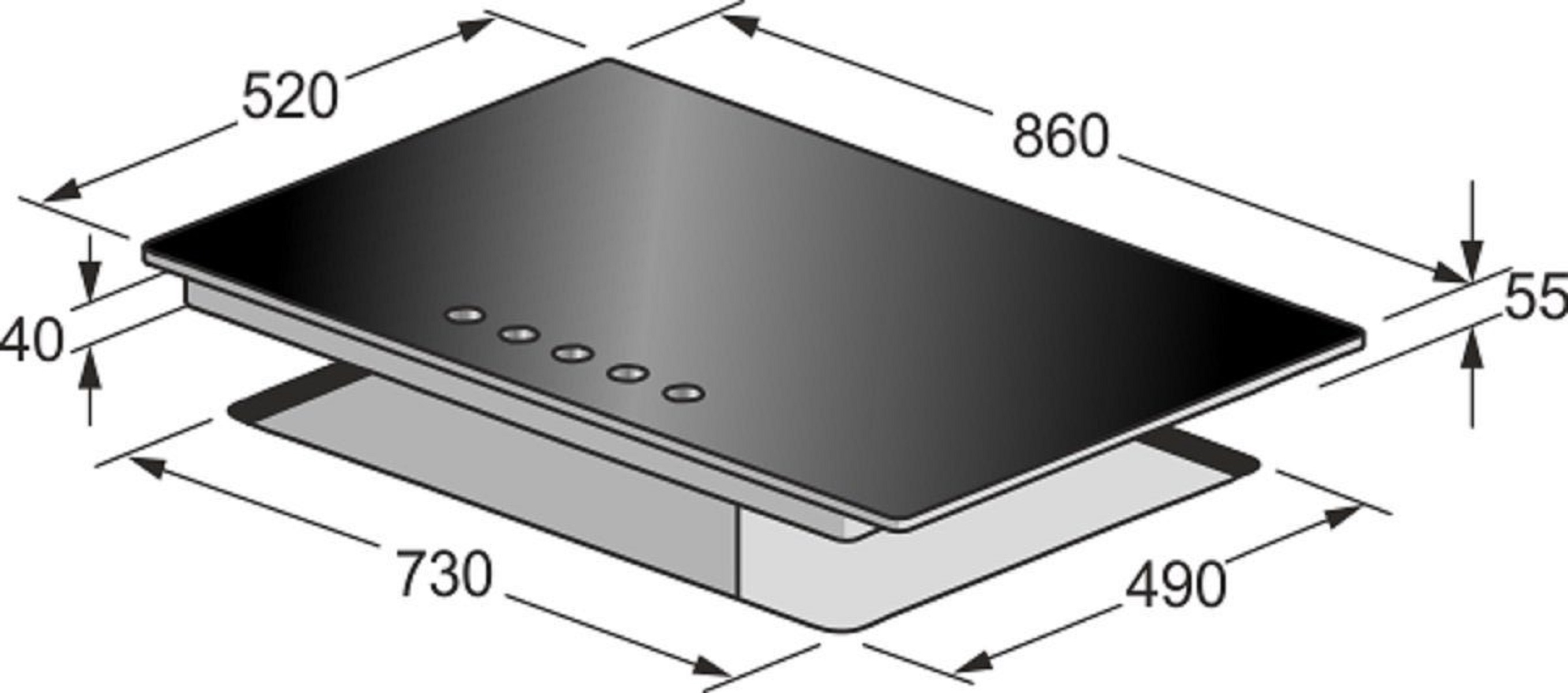 Una encimera negra con medidas: 520x860mm. Dimensiones: 40mm alto, 730x490mm base y 55mm borde.