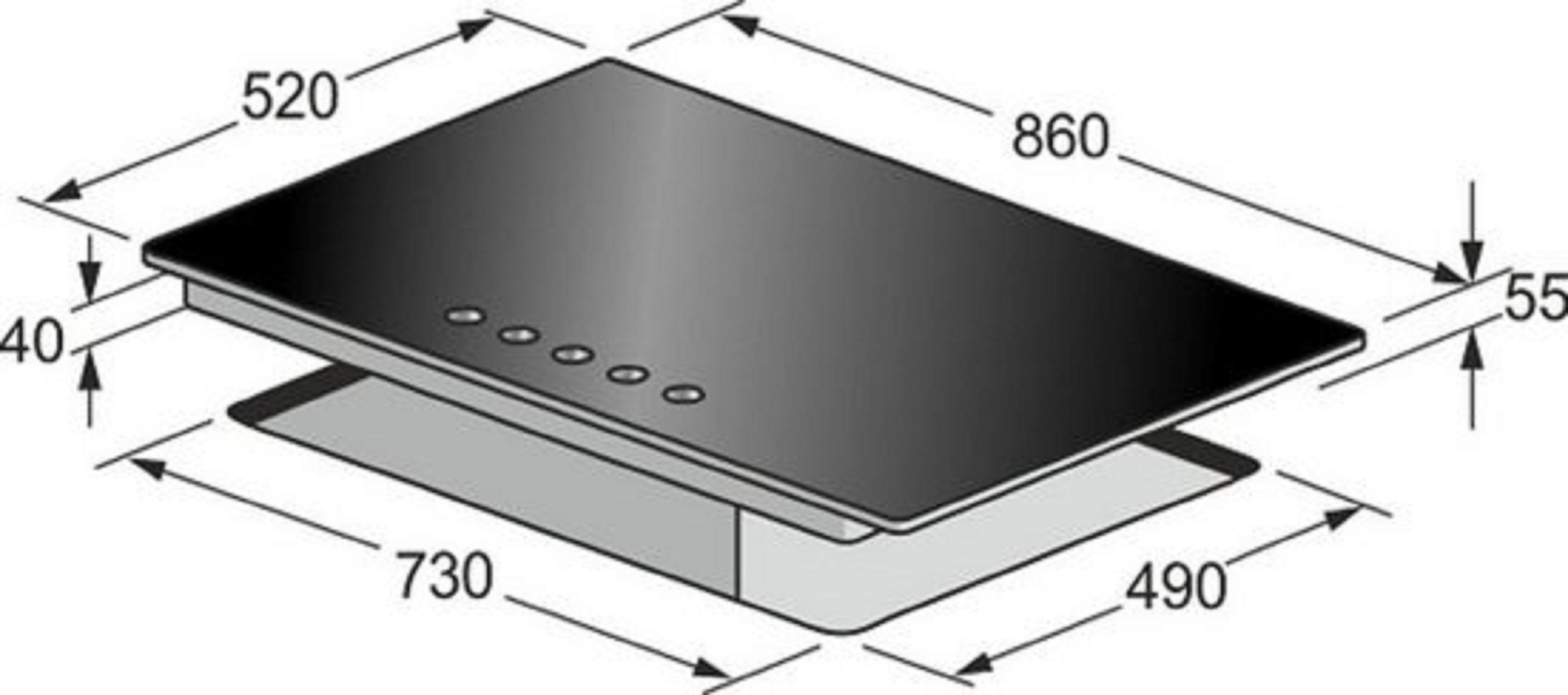 Diagramm eines schwarzen Kochfelds mit in Millimetern beschrifteten Abmessungen. Fünf Brenner sind sichtbar.