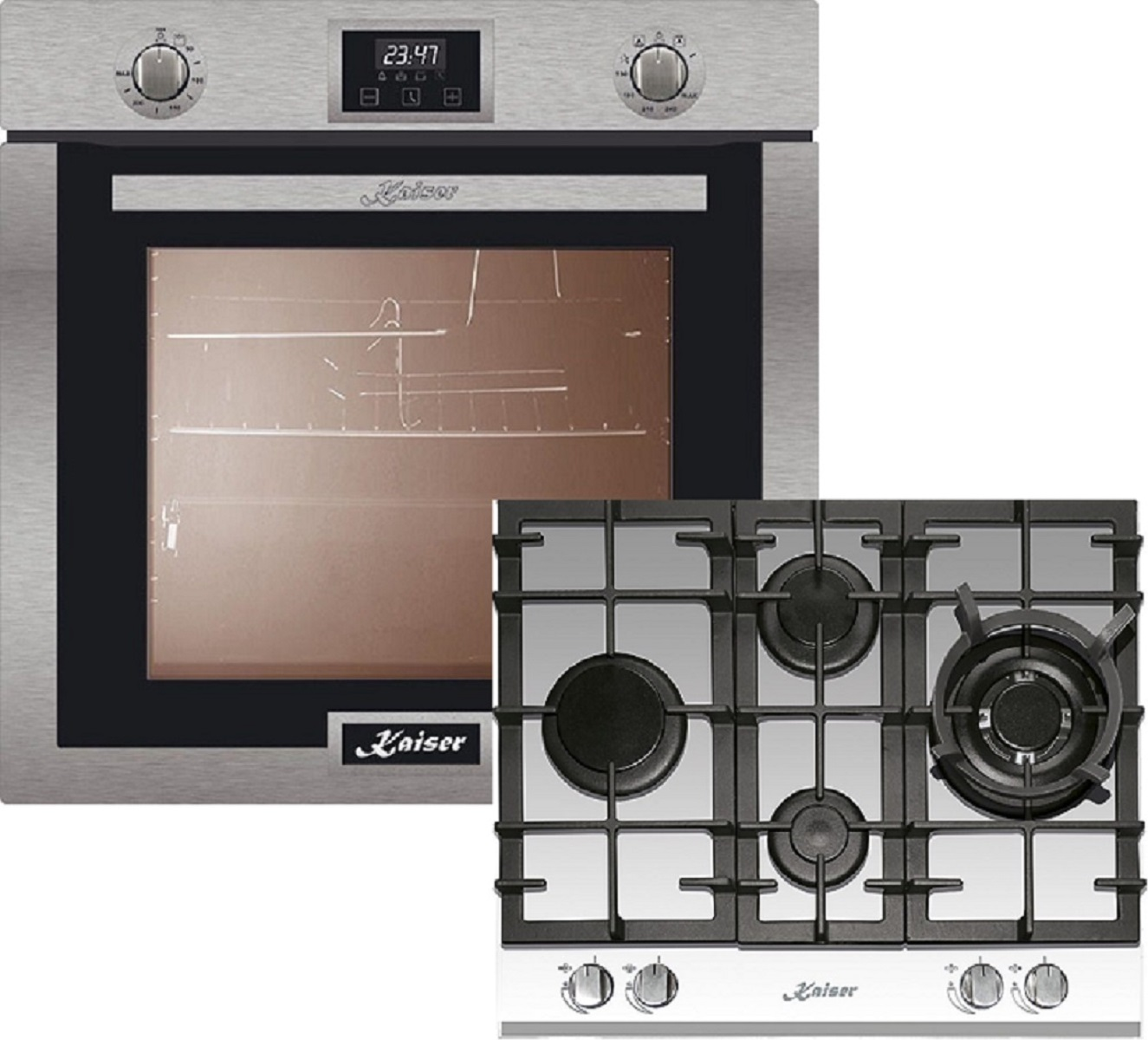 Ein Edelstahl-Backofen mit Digitaluhr und ein Gaskochfeld mit Brennern und Bedienknöpfen sind sichtbar.