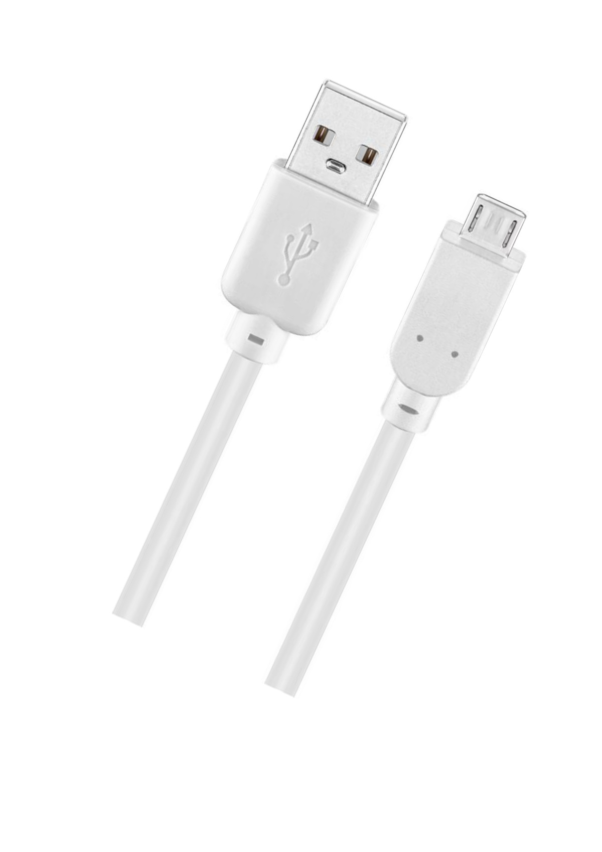 Un cavo da USB a micro USB bianco, angolato su uno sfondo bianco.