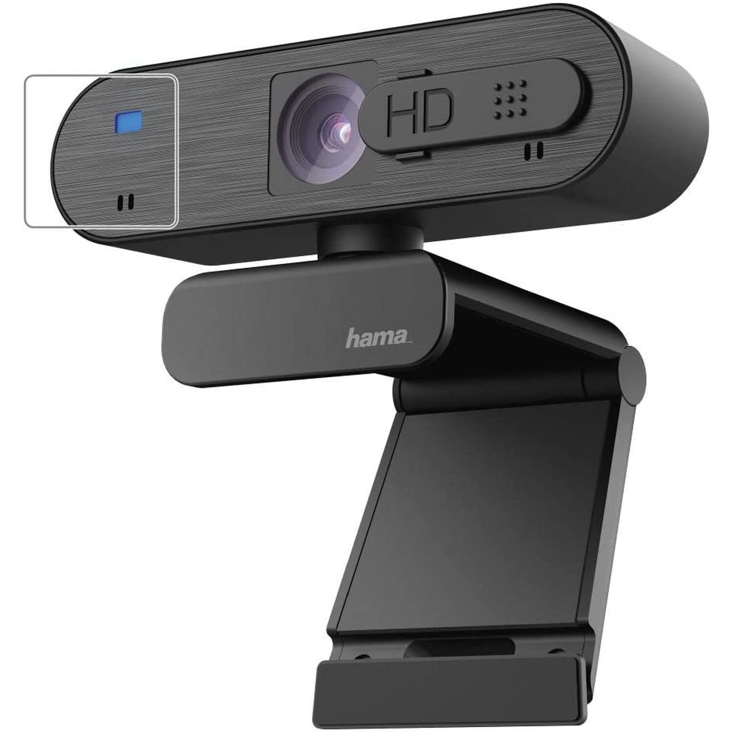 Eine schwarze Webcam mit eingebautem Mikrofon steht auf einem Ständer. Es hat HD und Hama Logo.