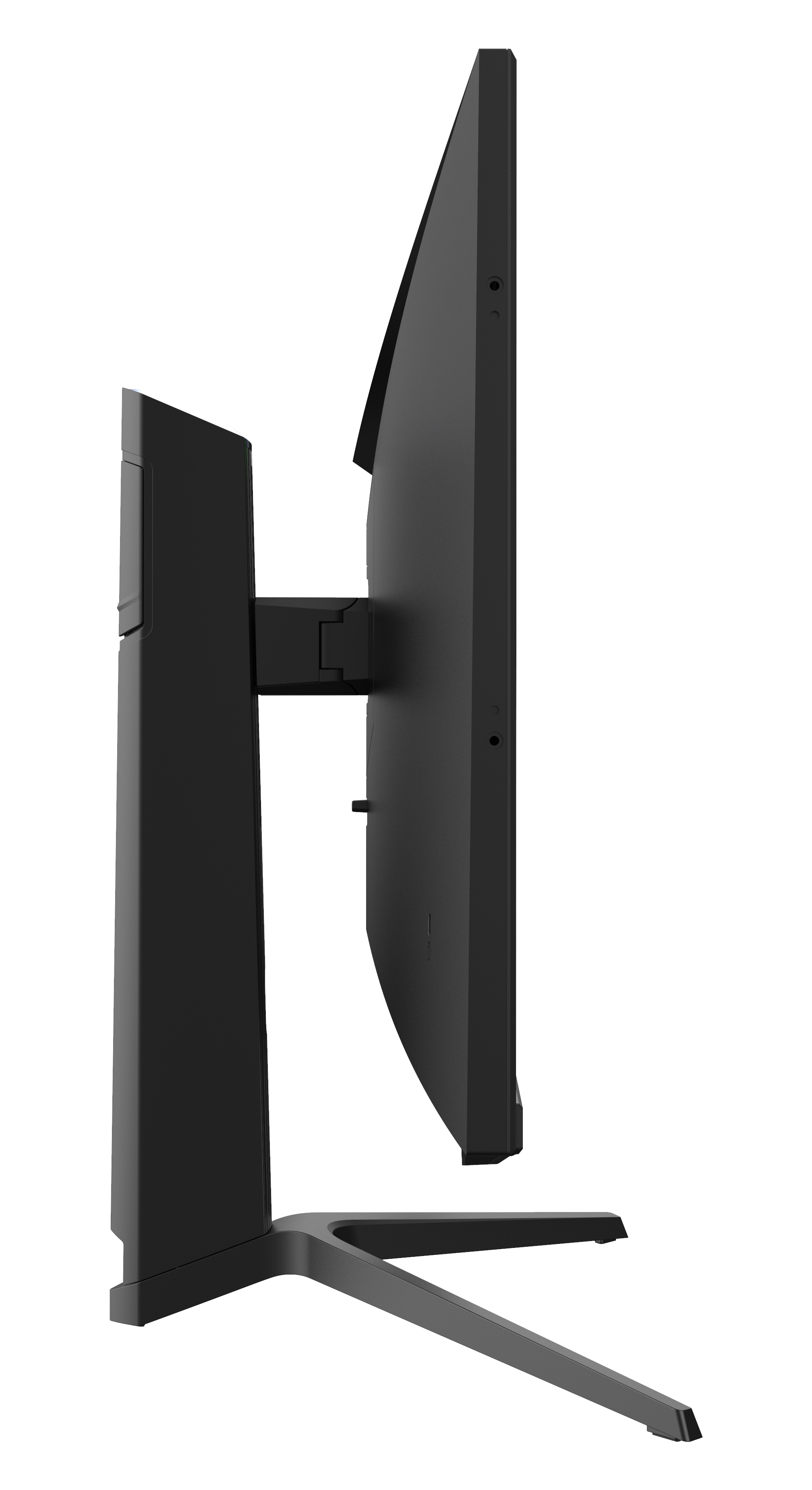 Widok z boku czarnego monitora komputera. Monitor znajduje się na białym tle.