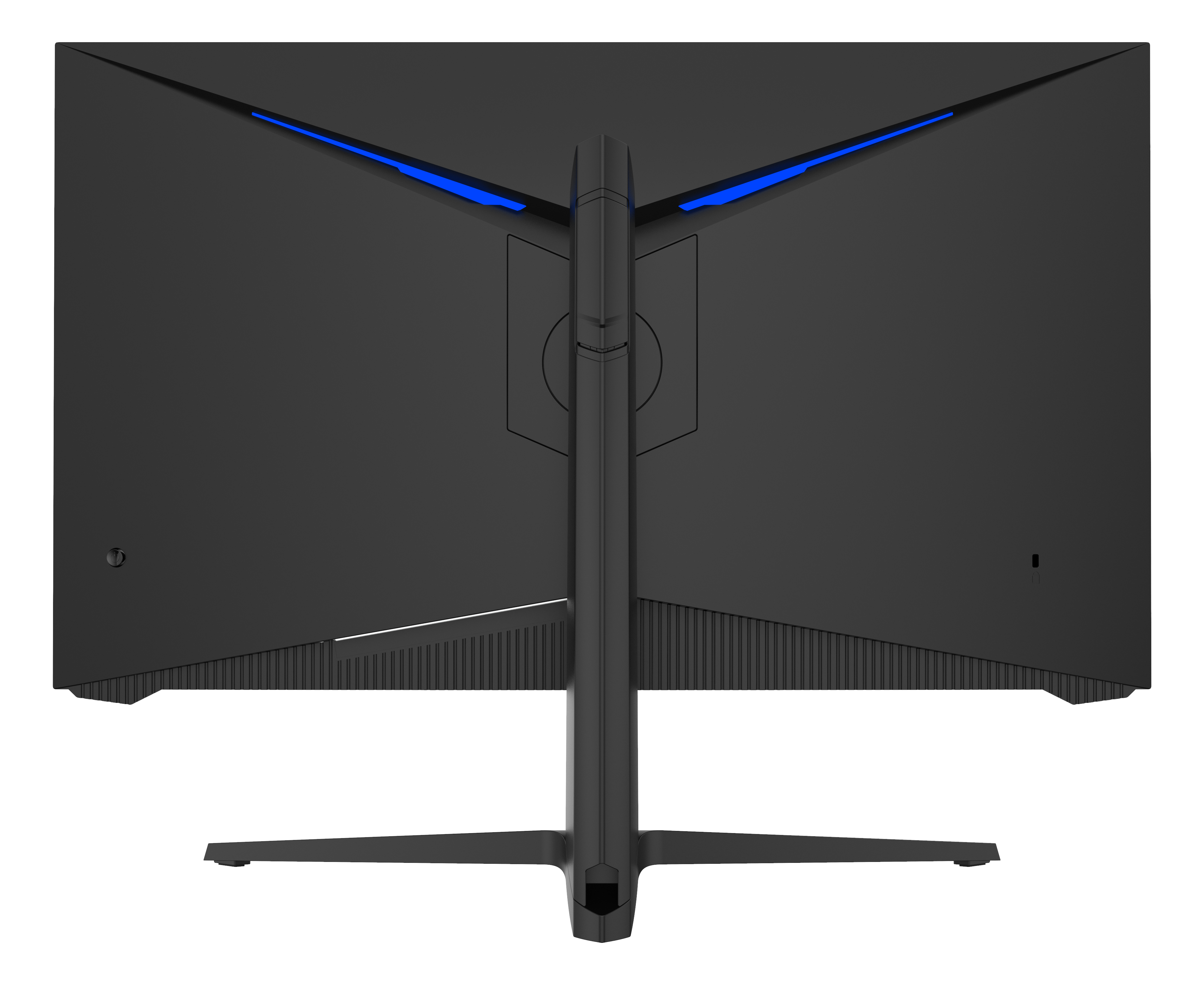 Tył czarnego monitora z niebieskimi akcentami. Posiada podstawę.