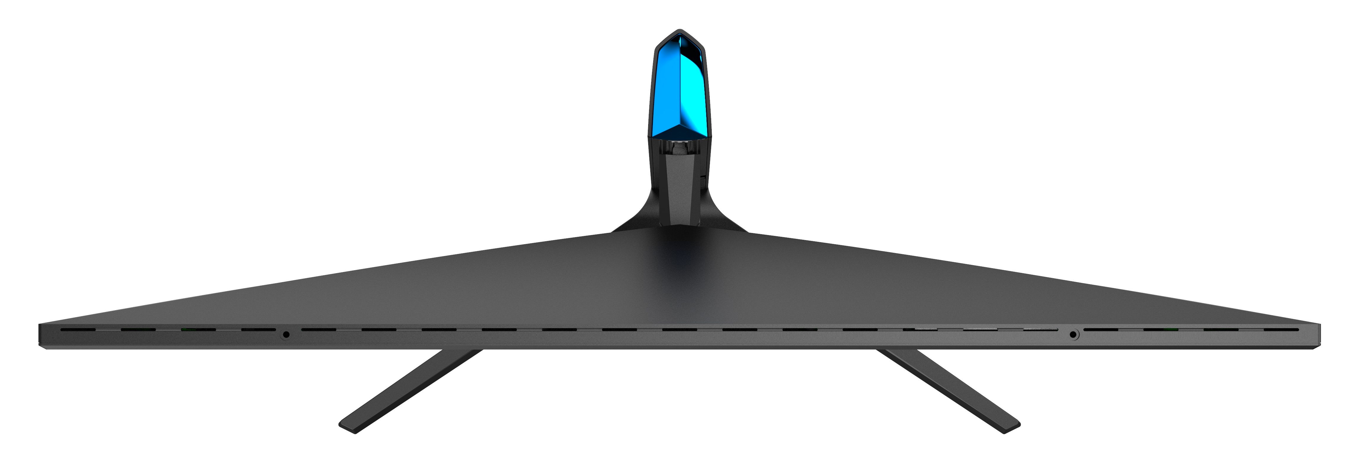 Czarny monitor komputera, widok z góry. Niebieskie światło na górze.