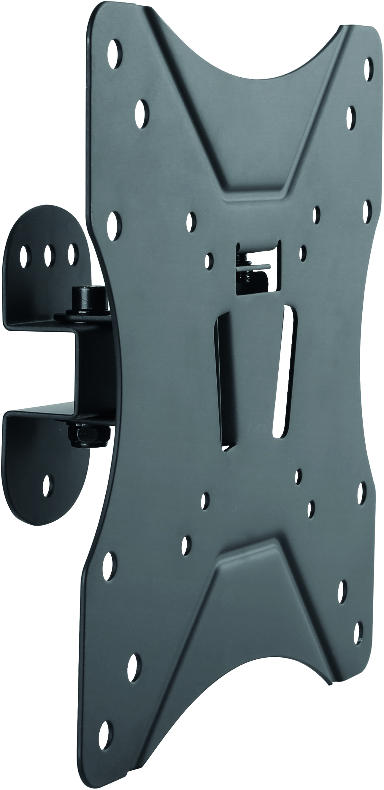 Soporte de pared negro para TV, con múltiples orificios y un brazo ajustable para montaje.