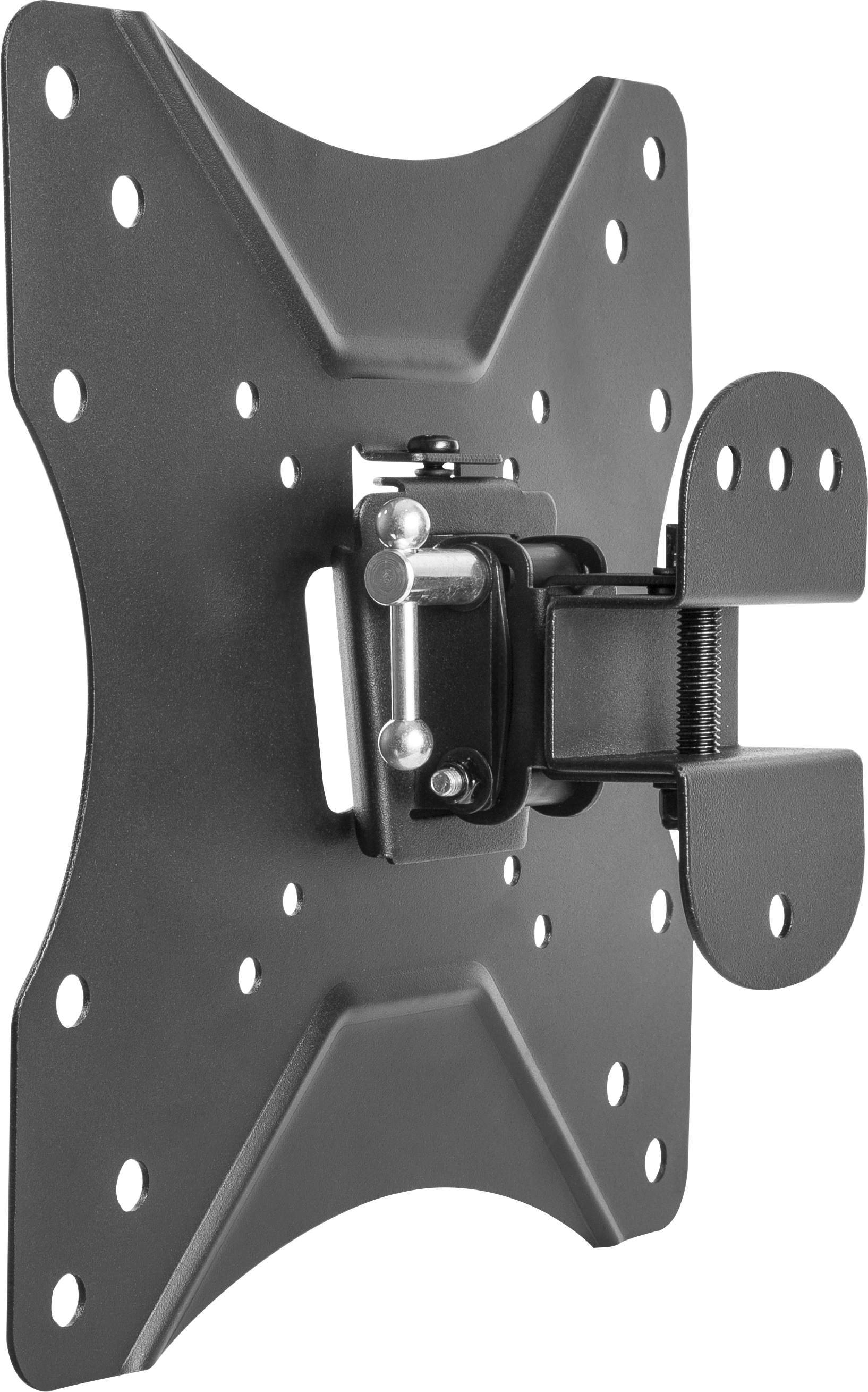 Soporte de TV de metal negro con múltiples agujeros. Tiene una rótula y una abrazadera de seguridad.