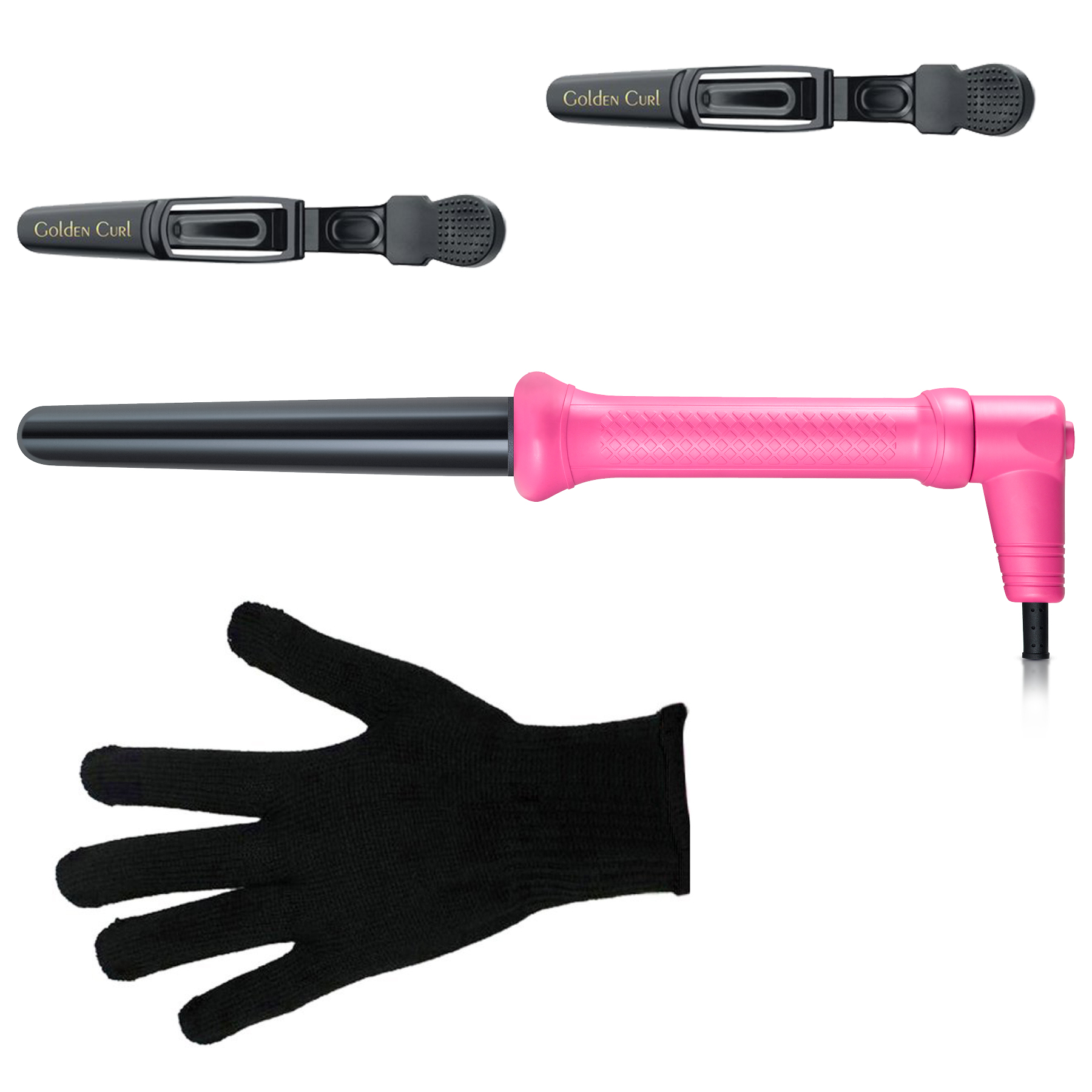 Haarstyler mit rosa Griff, schwarzer Basis und schwarzem Handschuh. Zwei Clips sind ebenfalls abgebildet.