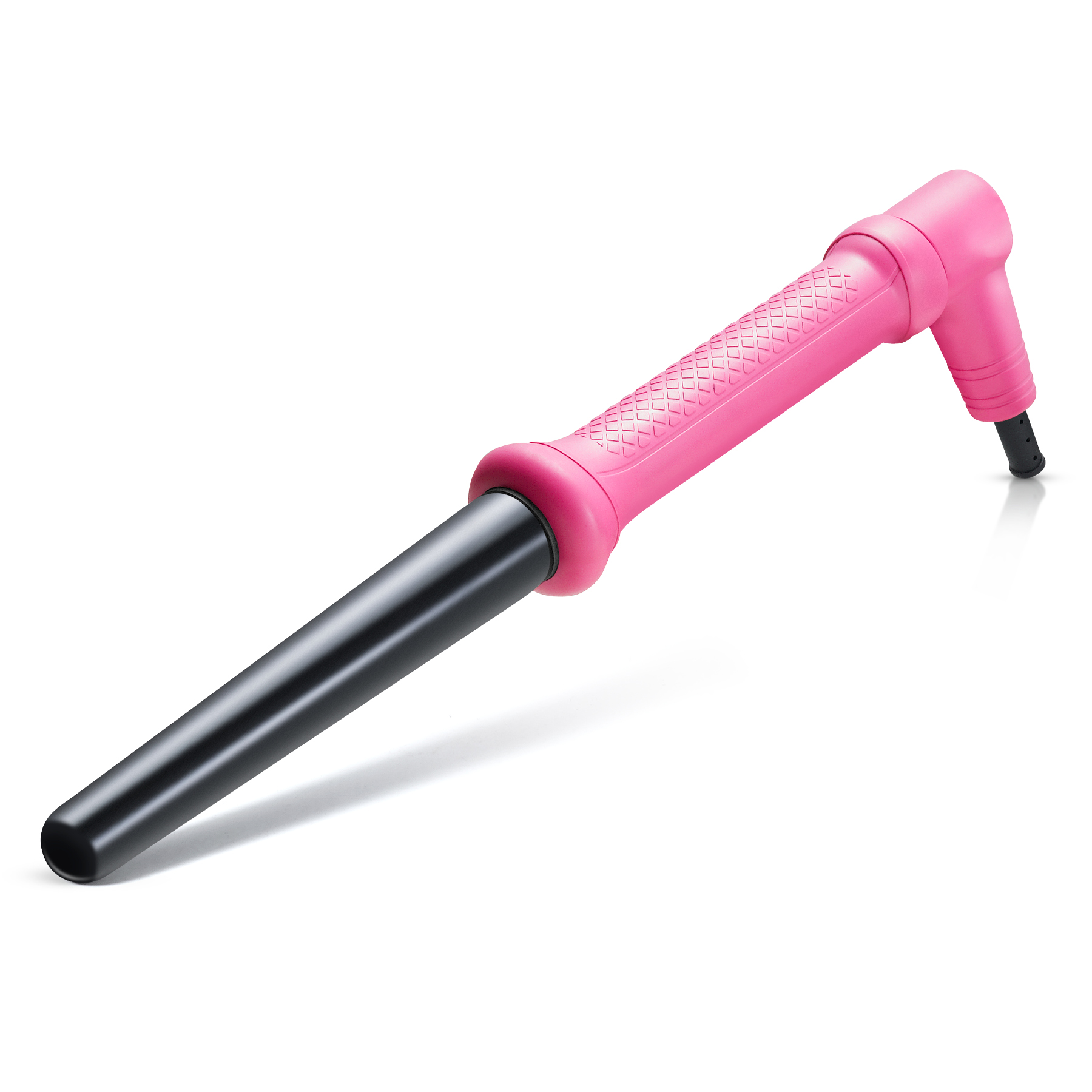 Ein pinkfarbener Lockenstab mit einem schwarzen, zylindrischen Lauf und einem pinkfarbenen Griff.