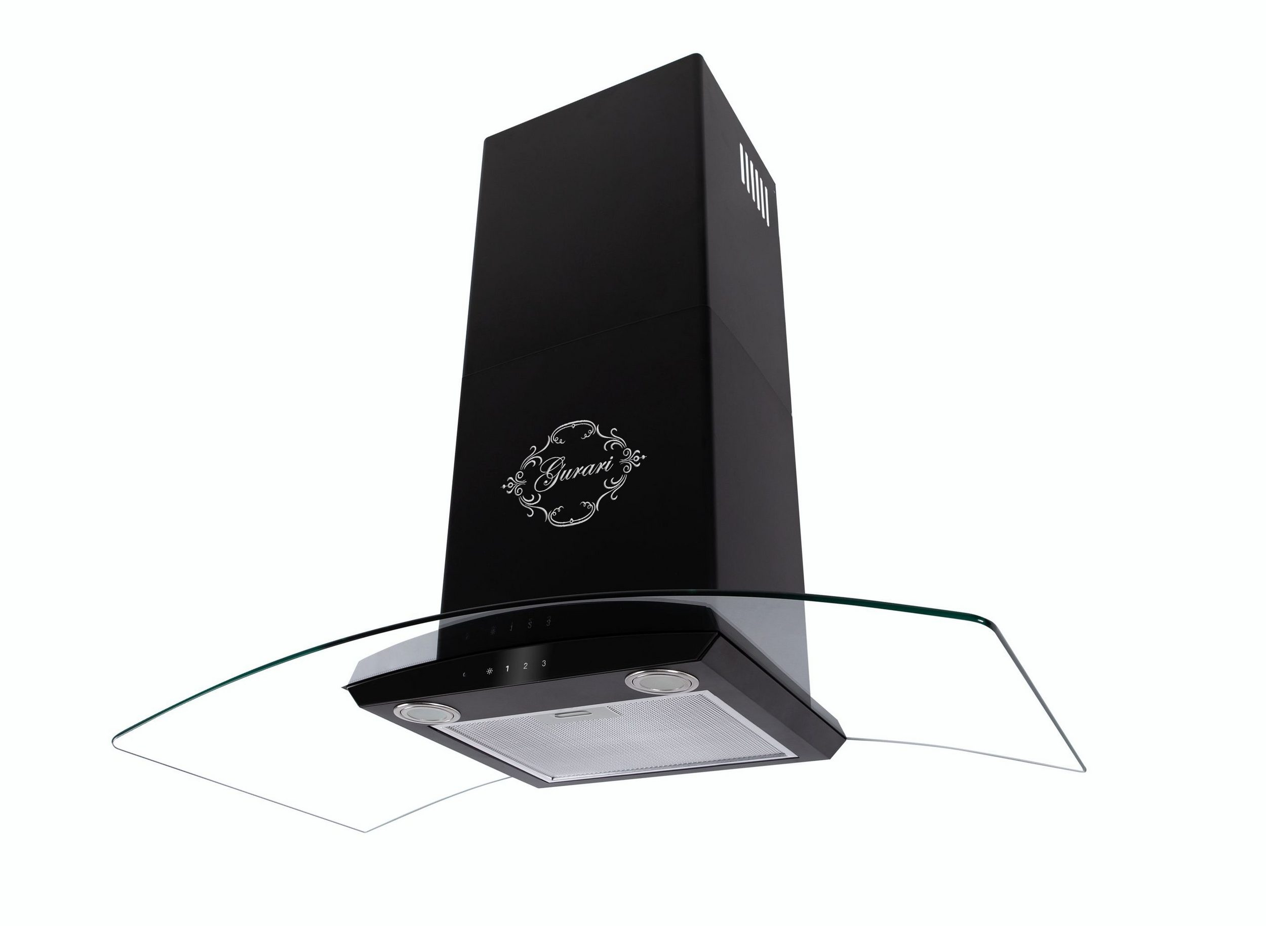 Schwarze Küchenhaube mit Glaskante. Die Haube hat ein Logo und ein Bedienfeld. Weißer Hintergrund.