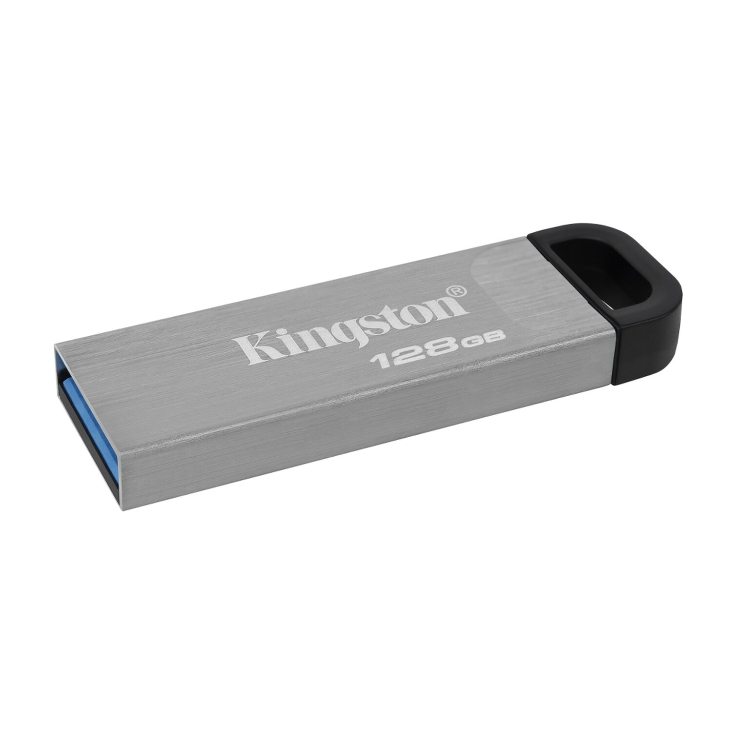 Silberner Kingston USB-Stick mit sichtbarem Markennamen vor weißem Hintergrund.