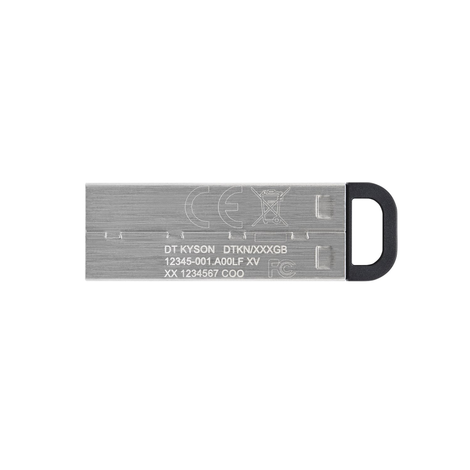 Ein silberner USB-Stick mit Text und Markierungen.