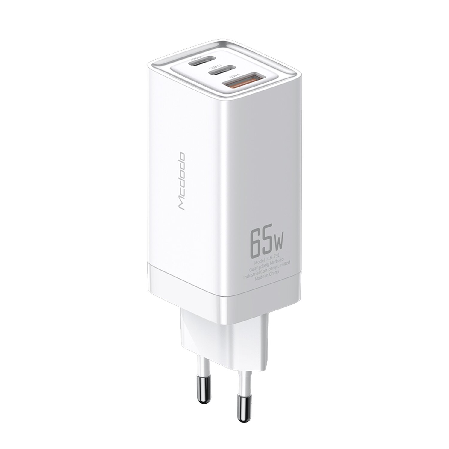 Ein weißes 65W-Ladegerät mit zwei USB-C-Anschlüssen. Es hat den Markennamen Mcdodo auf der Vorderseite.