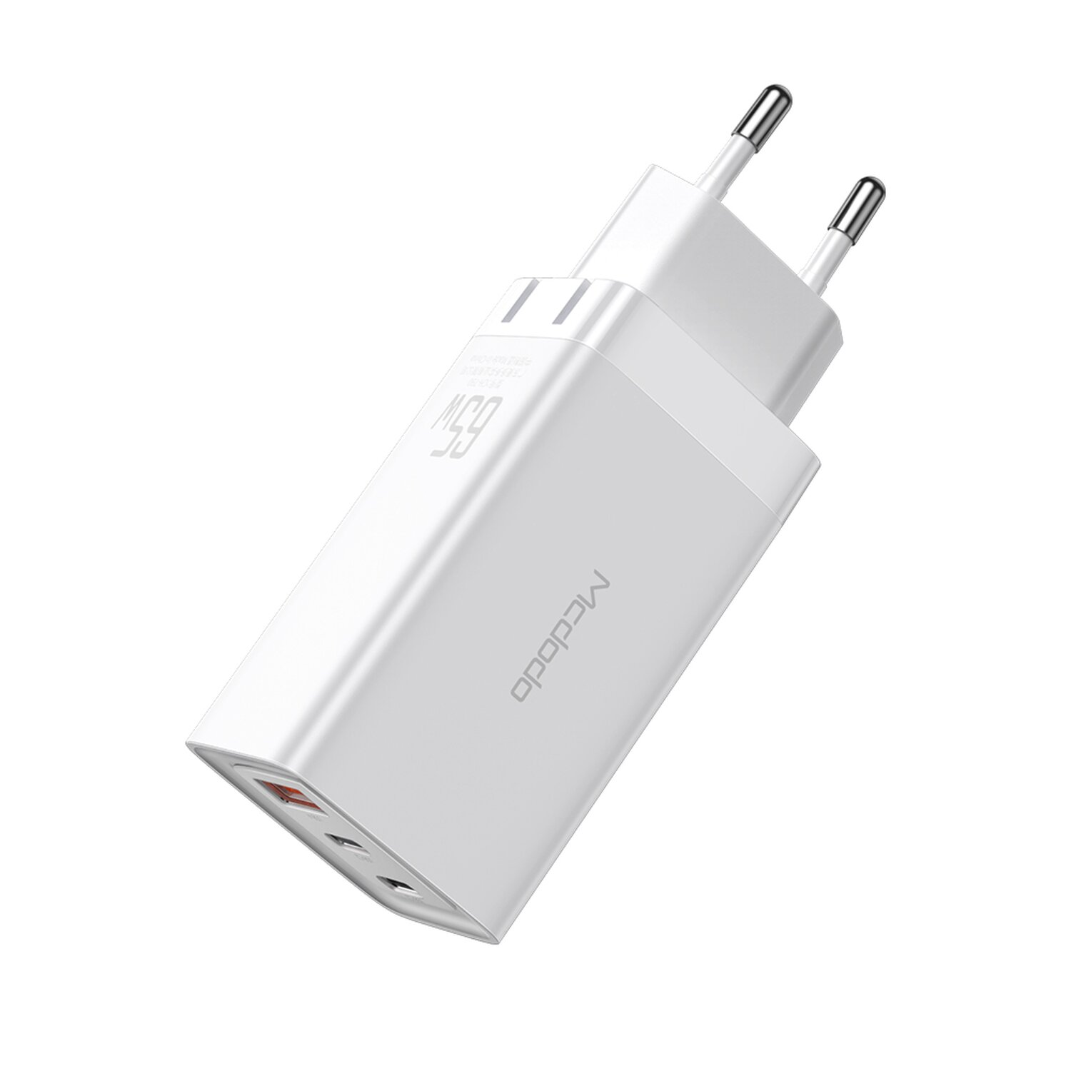 Weißes Ladegerät mit zwei Stiften, auf weißem Hintergrund. Adapter hat 65W-Text.