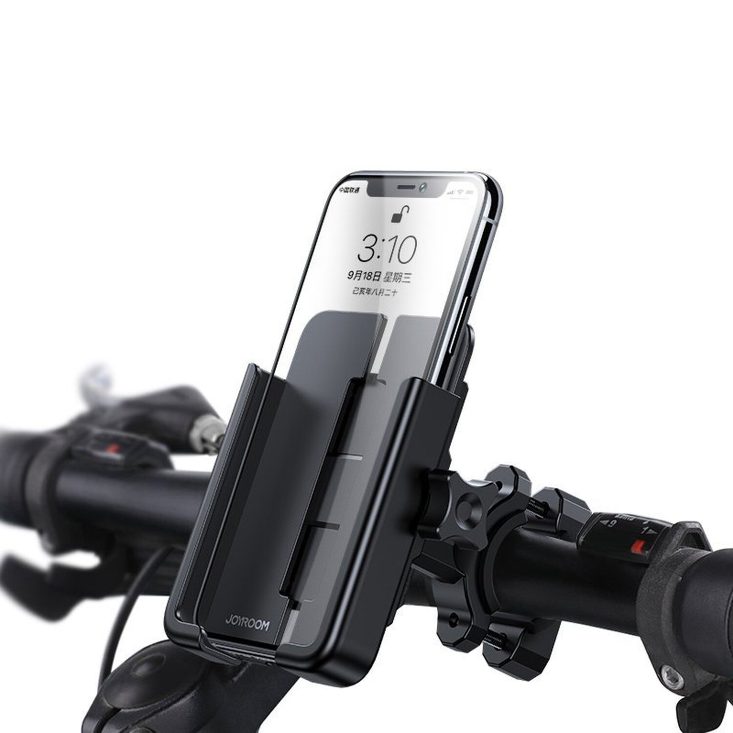 Ein Telefon ist an einem Fahrradlenker montiert, mit freier Sicht auf den Bildschirm.