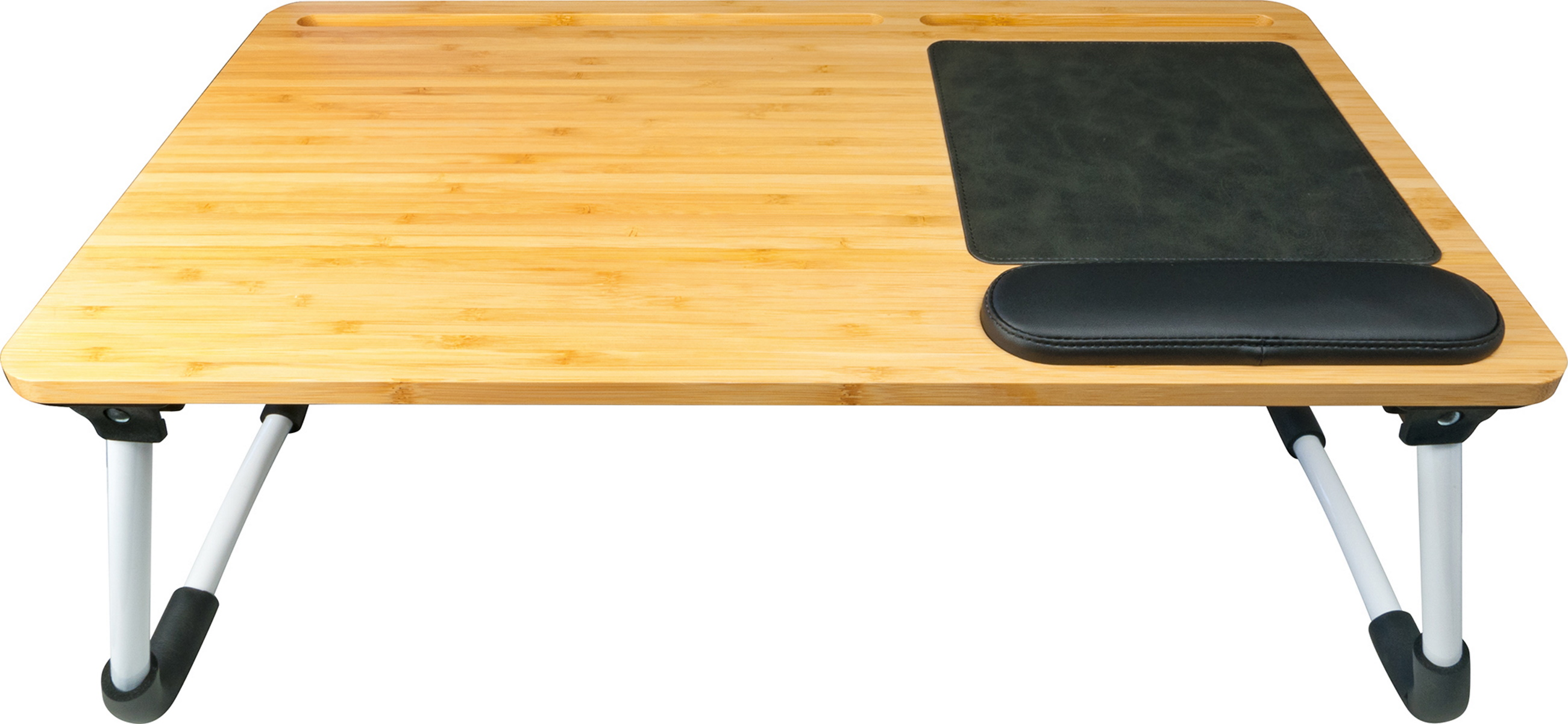 Bambus-Laptop-Schreibtisch mit klappbaren Beinen. Er hat ein schwarzes Mauspad und eine Handgelenkauflage.