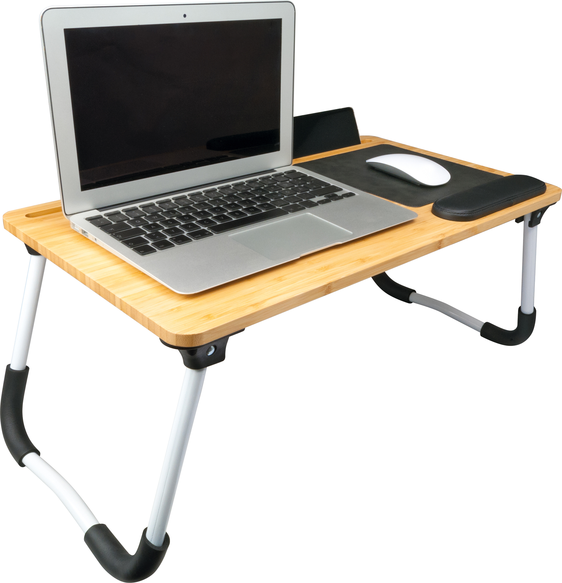 Ein Laptop-Schreibtisch aus Bambus mit Laptop, Maus, Telefon und Mauspad.