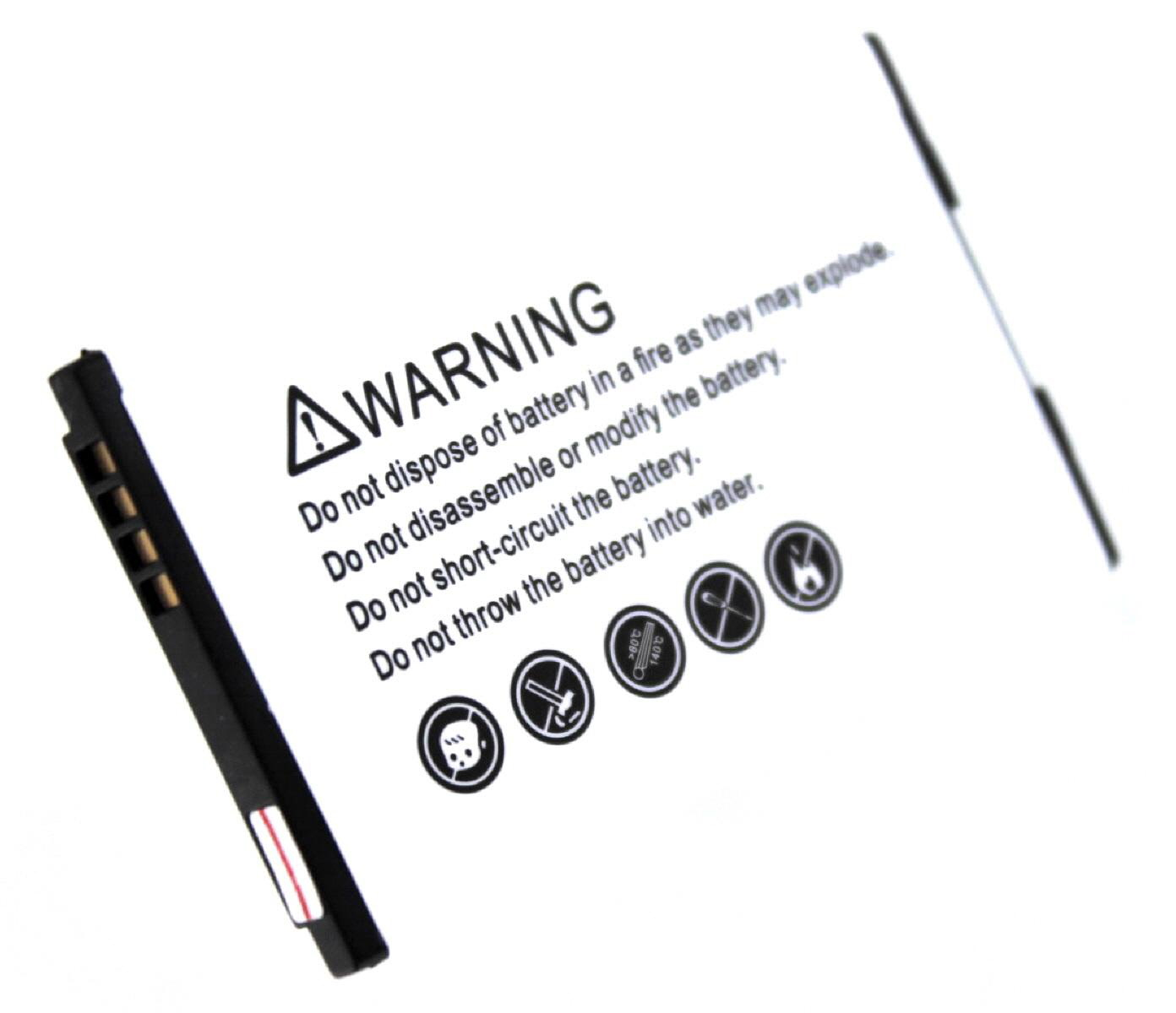 Weißes Warnschild mit Text und Symbolen zur Batteriesicherheit.