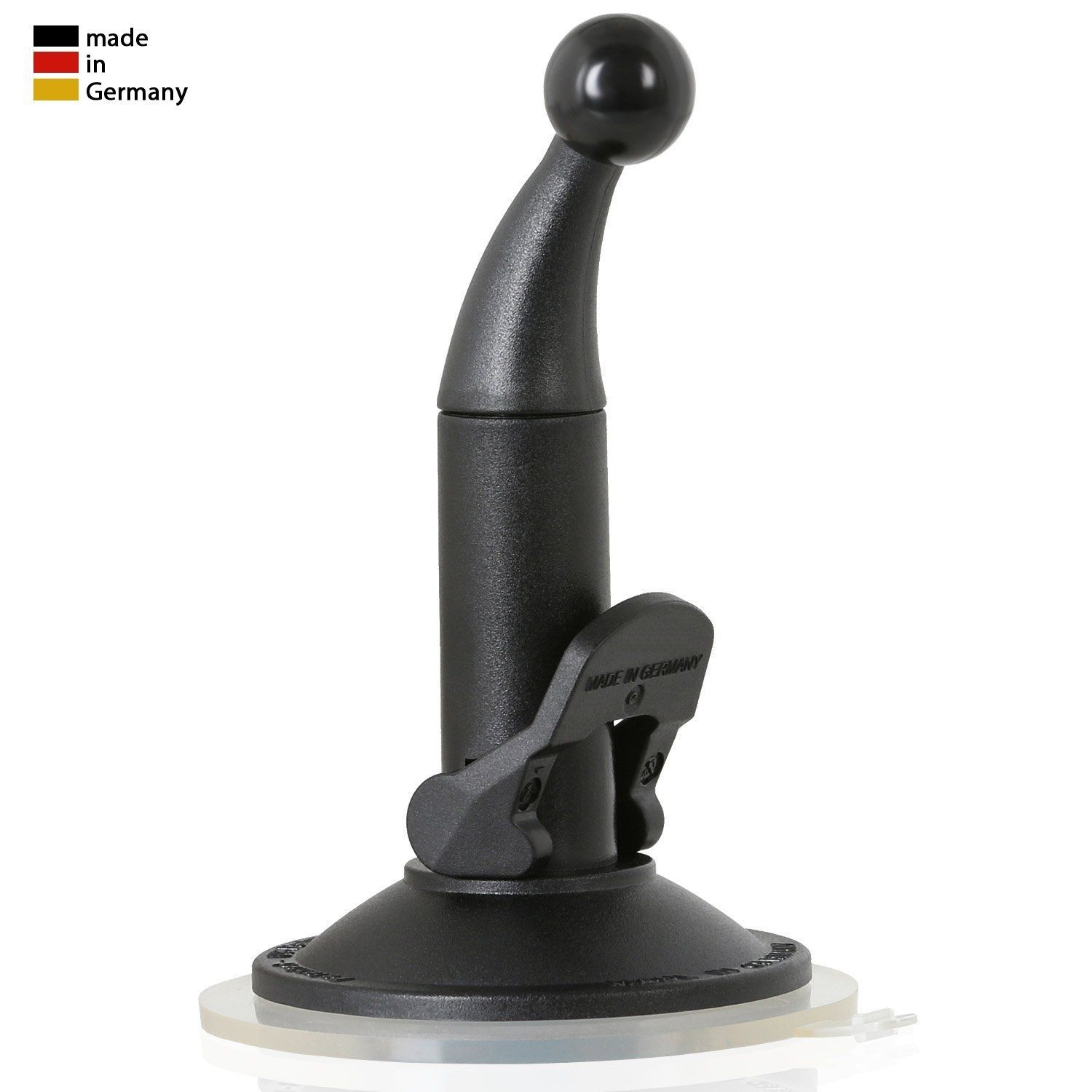 Schwarze Saugnapfhalterung mit gebogenem Arm und Kugelgelenk, hergestellt in Deutschland.