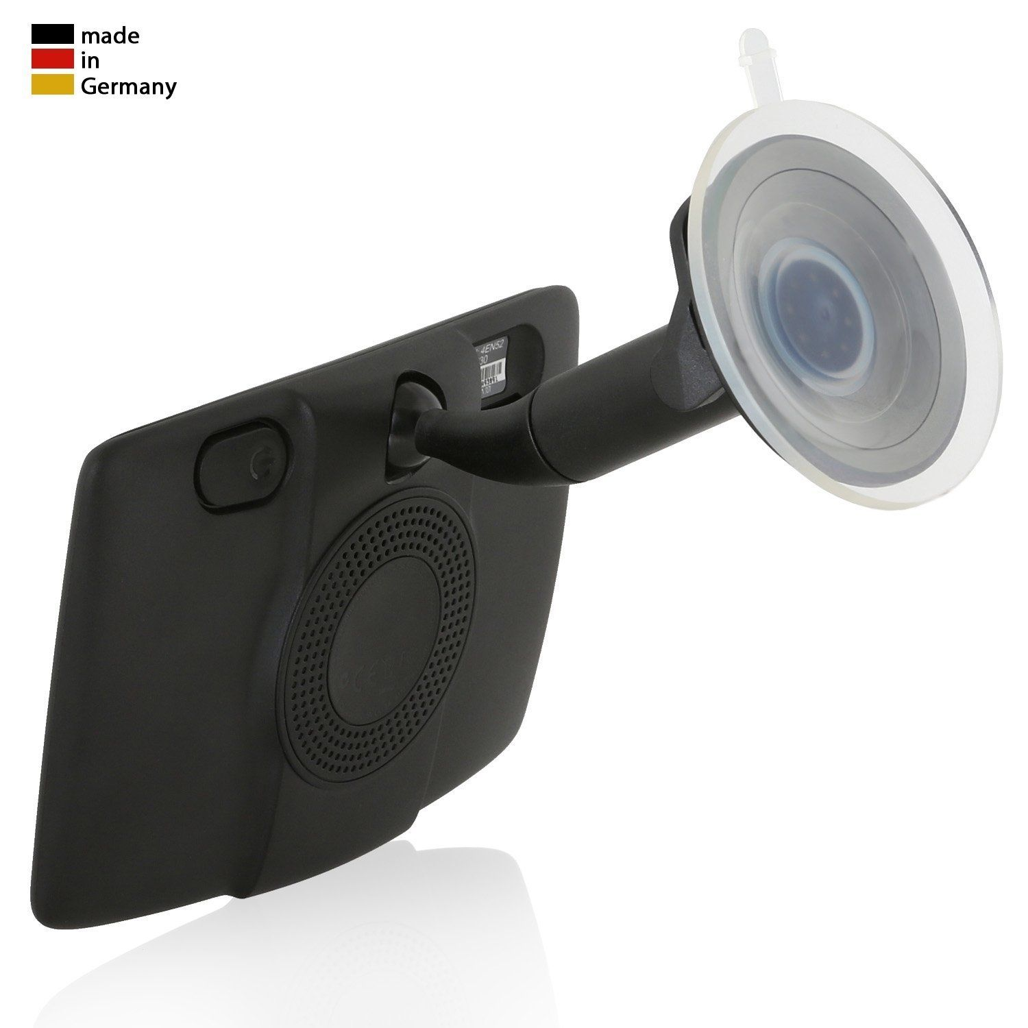 Ein schwarzes GPS-Gerät mit Saugnapfhalterung. Es hat einen Ein-/Ausschalter und Lautsprecherlöcher.