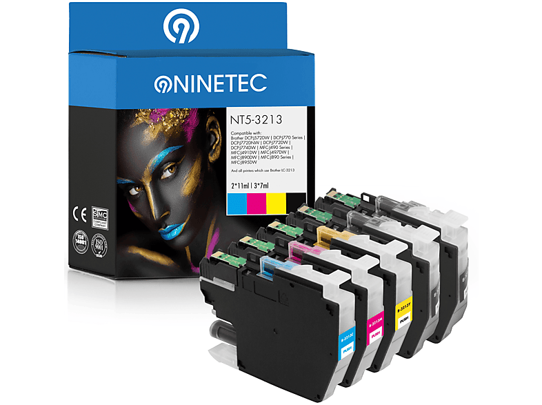 NINETEC 5er Set Tintenpatronen LC-3213 LC-3213 Y) ersetzt LC-3213 (LC-3213 Brother yellow BK, LC-3213 cyan, black, C, M, magenta, Patronen