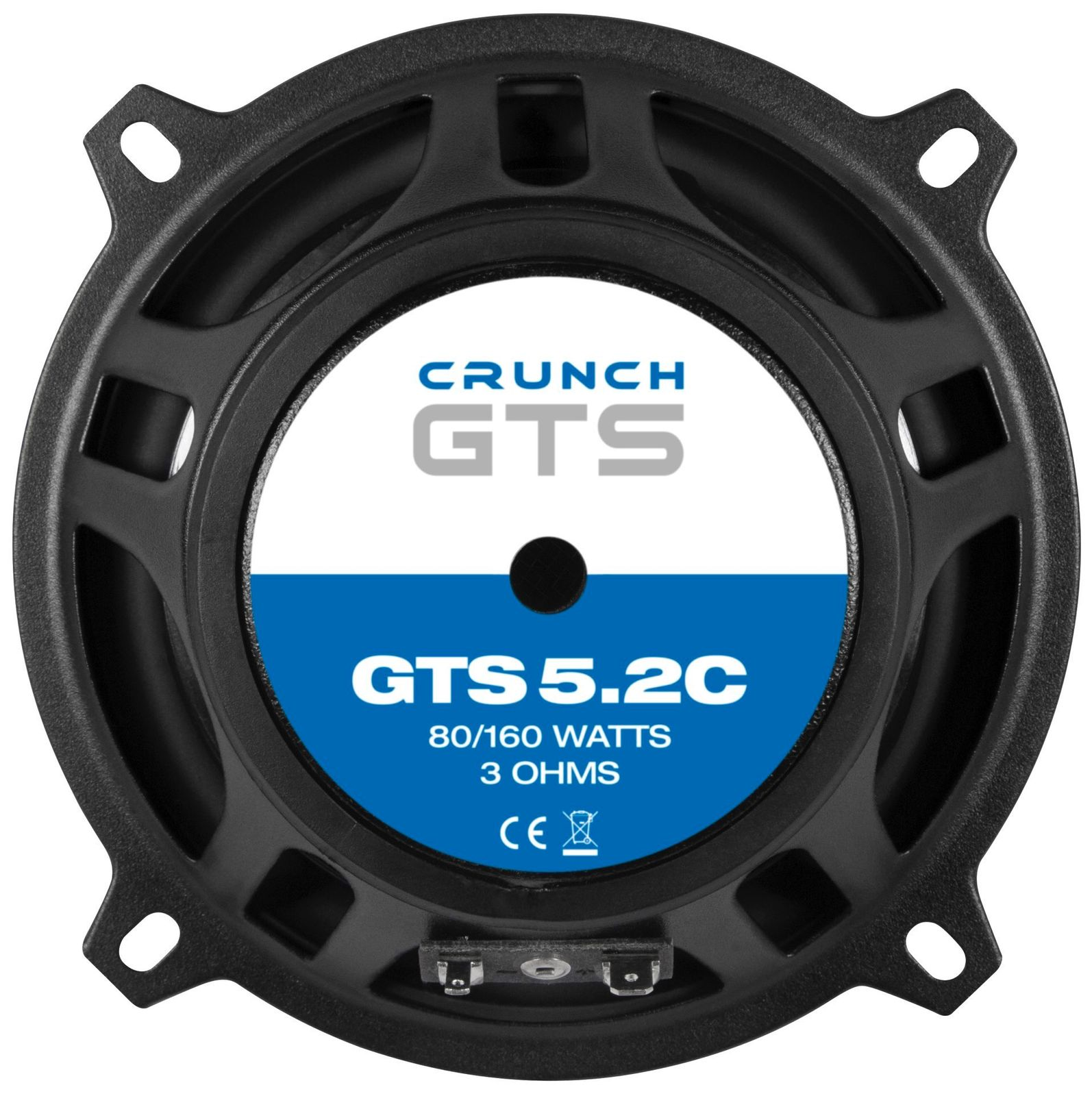 Ein schwarzer runder Lautsprecher mit weißem Etikett. Auf dem Etikett steht „CRUNCH GTS“ und „GTS 5.2C“.