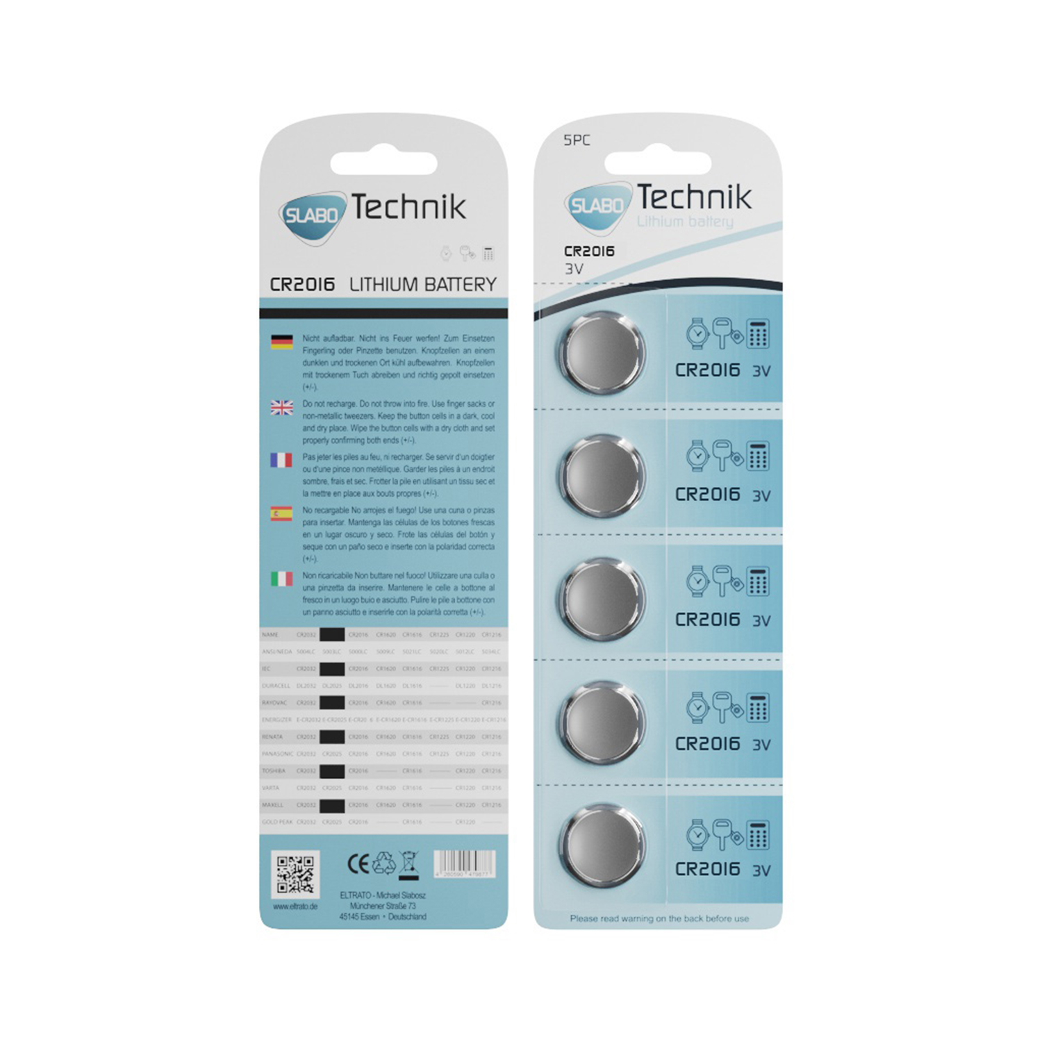 Eine Packung CR2016 Lithium Batterien. Die Packung hat eine transparente Vorderseite.