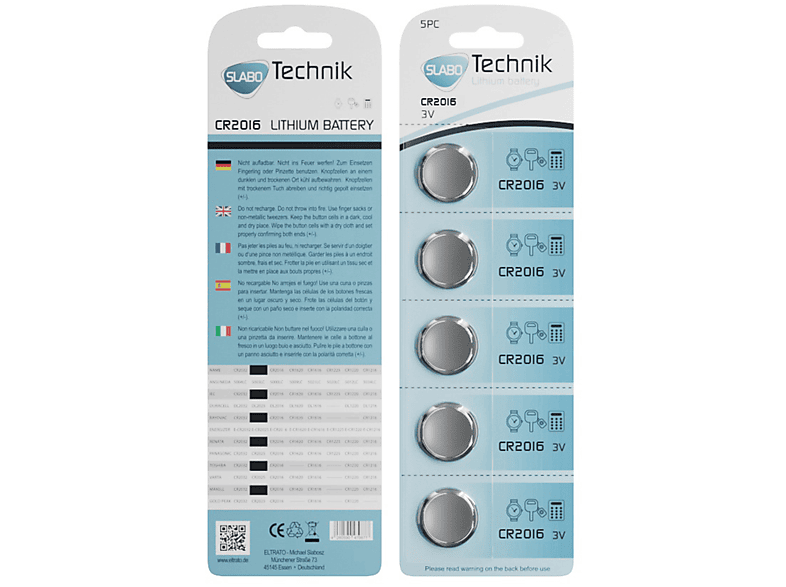 CR2016 Knopfzellen 3.0V - Batterien 5er-Pack Lithium - 75mAh Knopfzellen CR2016 SLABO