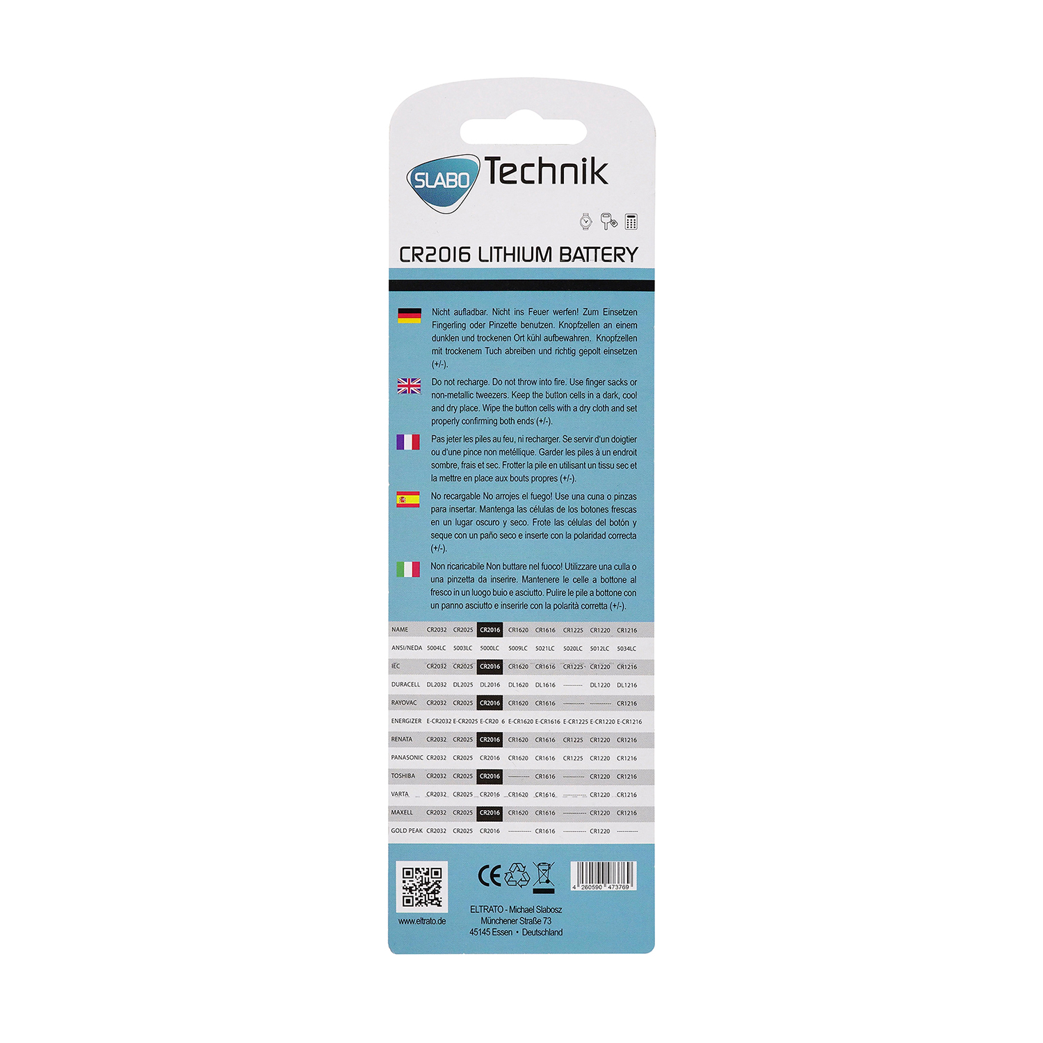 Lithium-Batteriepackung. Text auf der Verpackung in verschiedenen Sprachen. Verschiedene Batterien sind aufgelistet.