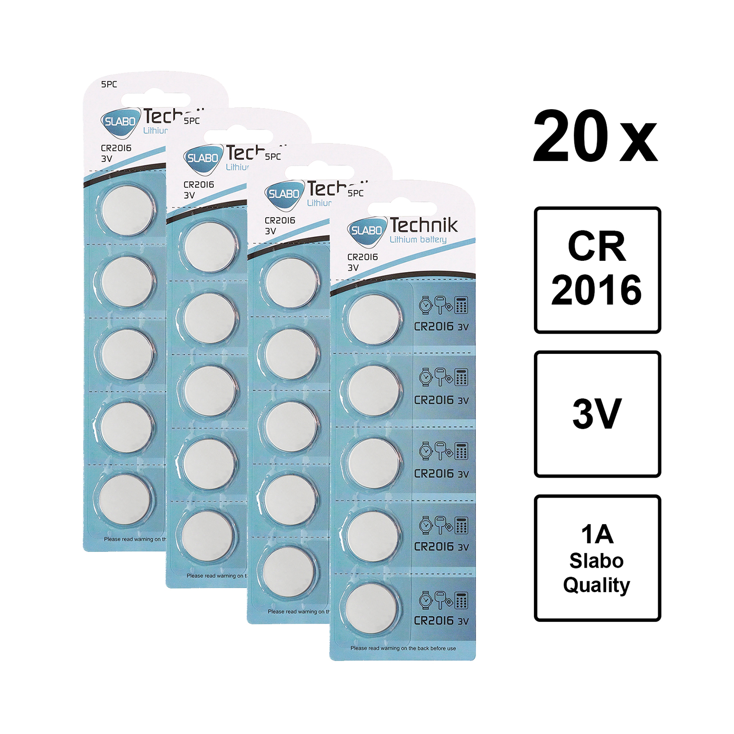 Blisterpack mit Knopfzellen. Text: 20x CR2016 3V 1A Slabo Quality.